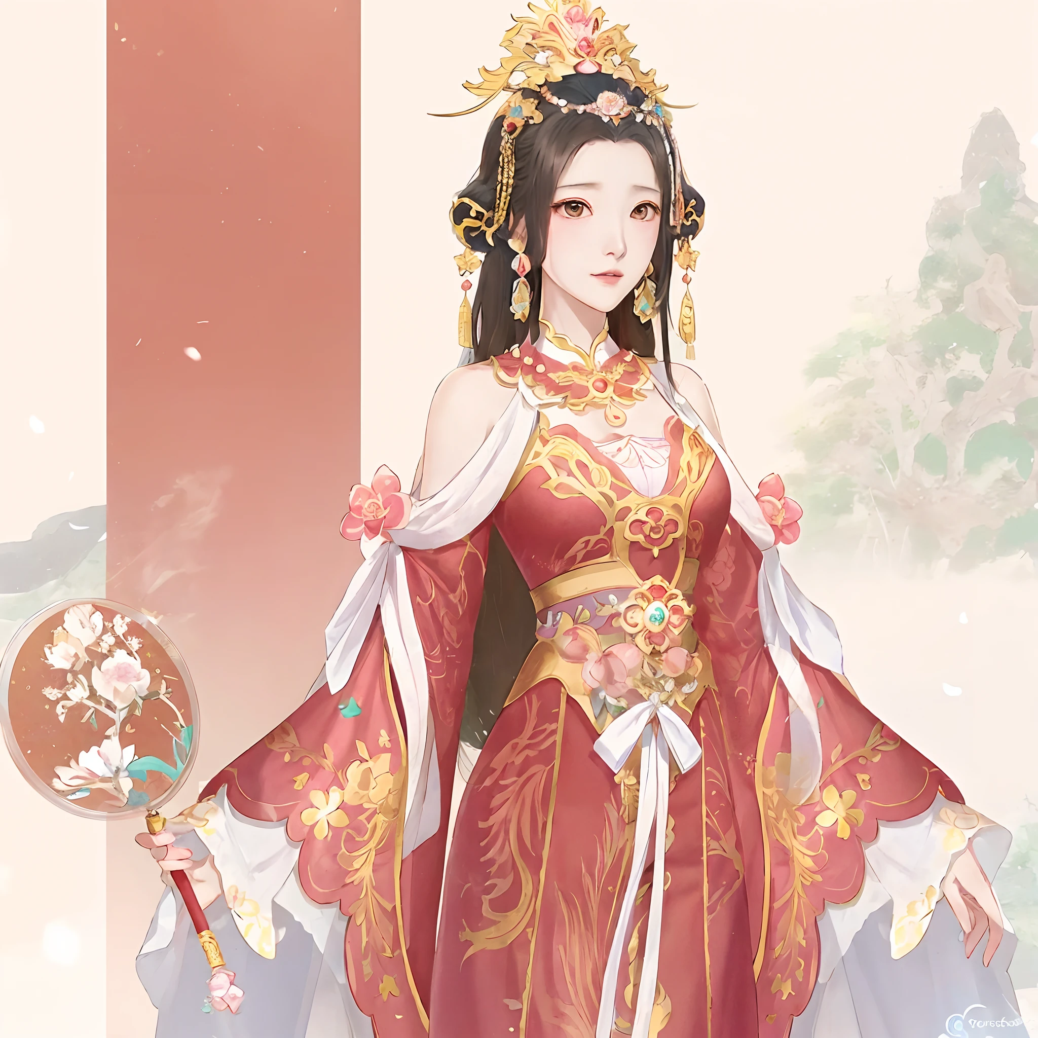 Anime girl in pink dress，Holding a fan in your hand, queen of the sea mu yanling, a beautiful fantasy empress, Inspired by Lan Ying, inspired by Park Hua, ((a beautiful fantasy empress)), Palace ， A girl in Hanfu, full-body xianxia, gilded lotus princess, Inspired by Qiu Ying, inspired by Ma Yuanyu