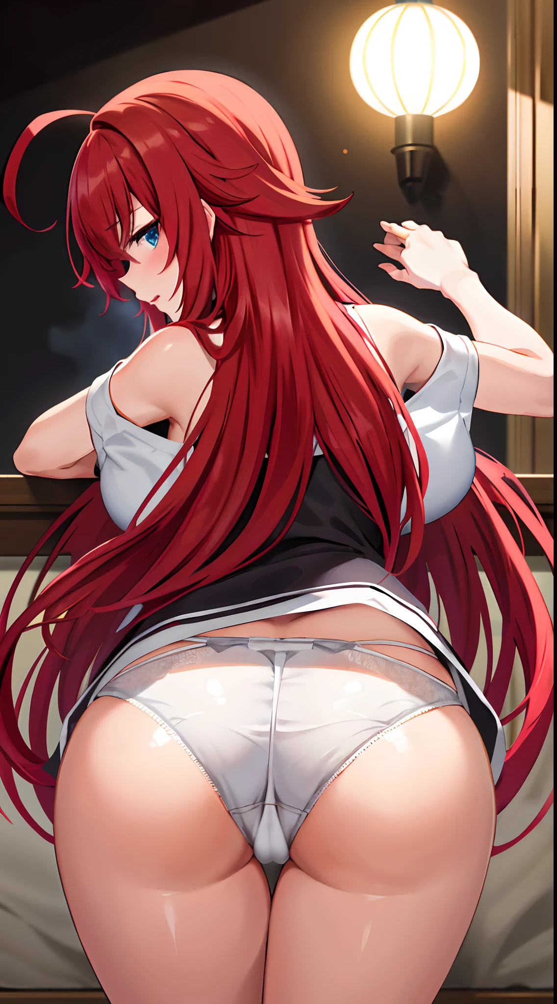 masuter piece, Top image quality, Hi-Res, Top image quality, Hi-Res, Rias Gremory, 1girl in, Long hair, student clothes, redhair, Ahoge, Aimei, Very Longhair, Dekaahoge, (White panties:1.3)、underlighting、s ass、from behind、