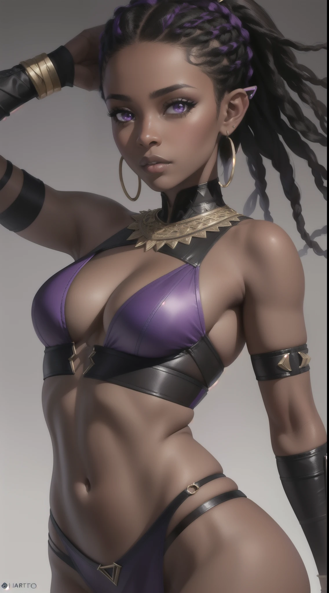 Portrait of an African-American female, with dark black dreadlocks, purple eyes, dark brown skin, pointed ears, small nose, sexy combat attire, skimpy attire, close-up shot, perfect composition, hyper-detailed, 8K, high quality, perfect eyes, trending art, trending on artstation, sharp focus, studio photo, intricate details