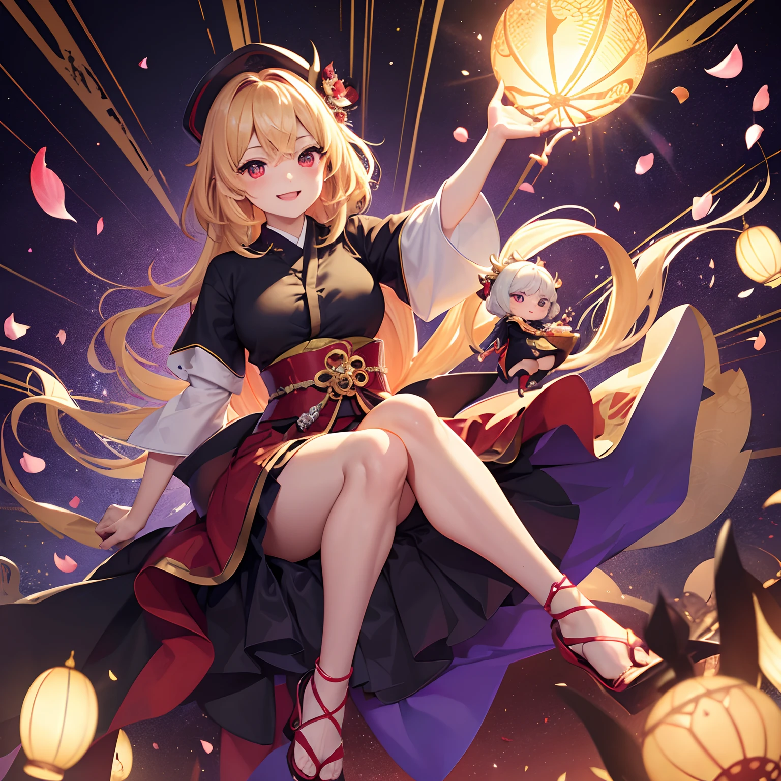 finest image, detailed and delicate depiction, Japanese painting, ukiyo-e style, (chibi character, deformed, full body, big head:1.5, line art), cute vampire, fearless smile, large sparkling fangs protruding from the mouth, messy blonde medium hair, paw pose, red dress and black cloak, wings, iridescent light glass crystal metal-plated fantasy room, background that emits fantastic light, light particles, light sparkles, iridescent light particles, many falling petals, professional lighting
