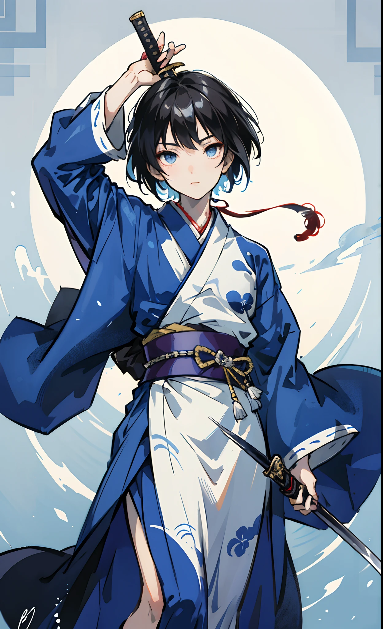Chibi Chara Male Japanese Uniform Blue and White Japan Sword , arma, Short hair hair tie sword, Solo,, Japanese dress, ngel, Hold the gun, katanas, hold Sword, scabbard, , , long-sleeve, , haori, , Hakama, Blue and white kimono, sheathed, full bodyesbian,youth,Deformed character two-headed body
,,