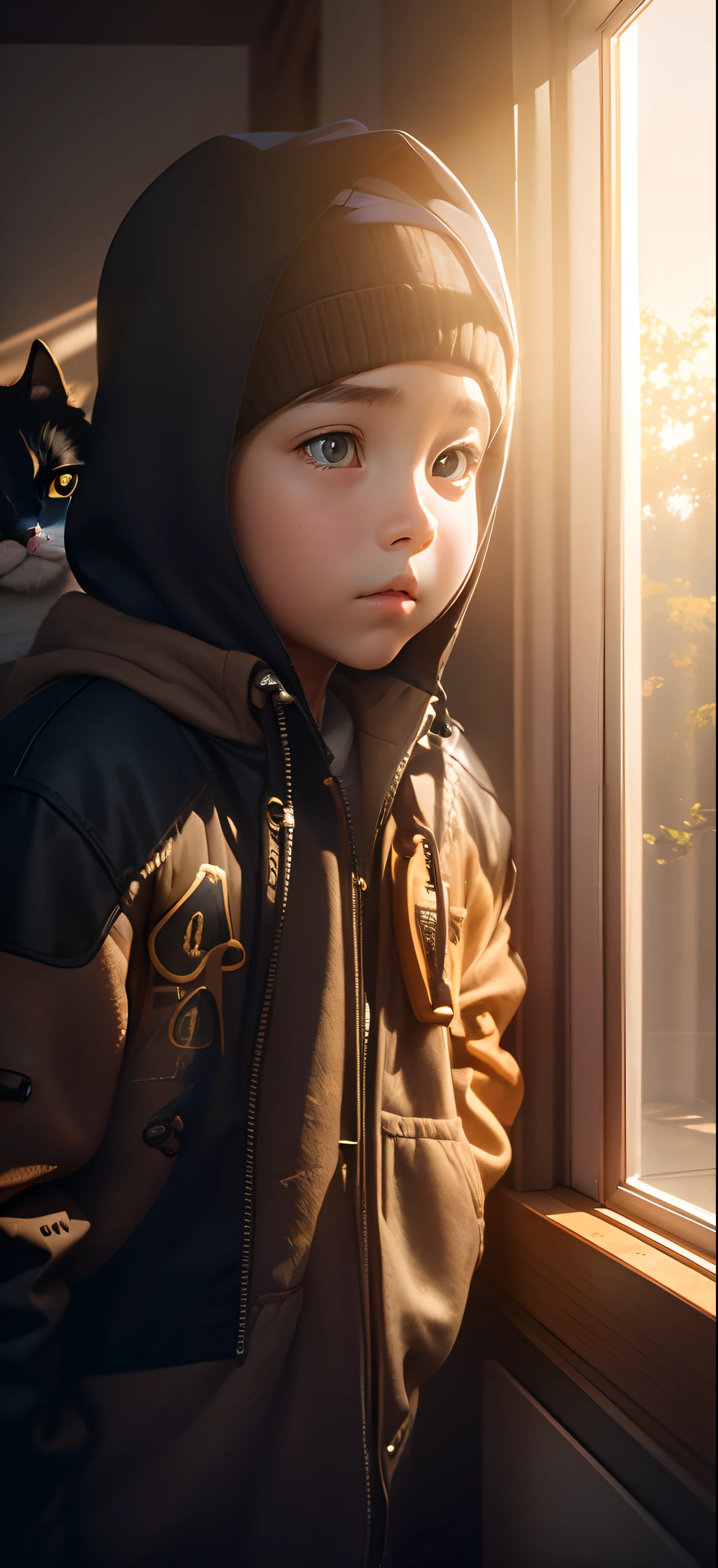 6 boy and a rounded eyes cat, Sunlight outside the window realistic face 8k ultra HD high quality