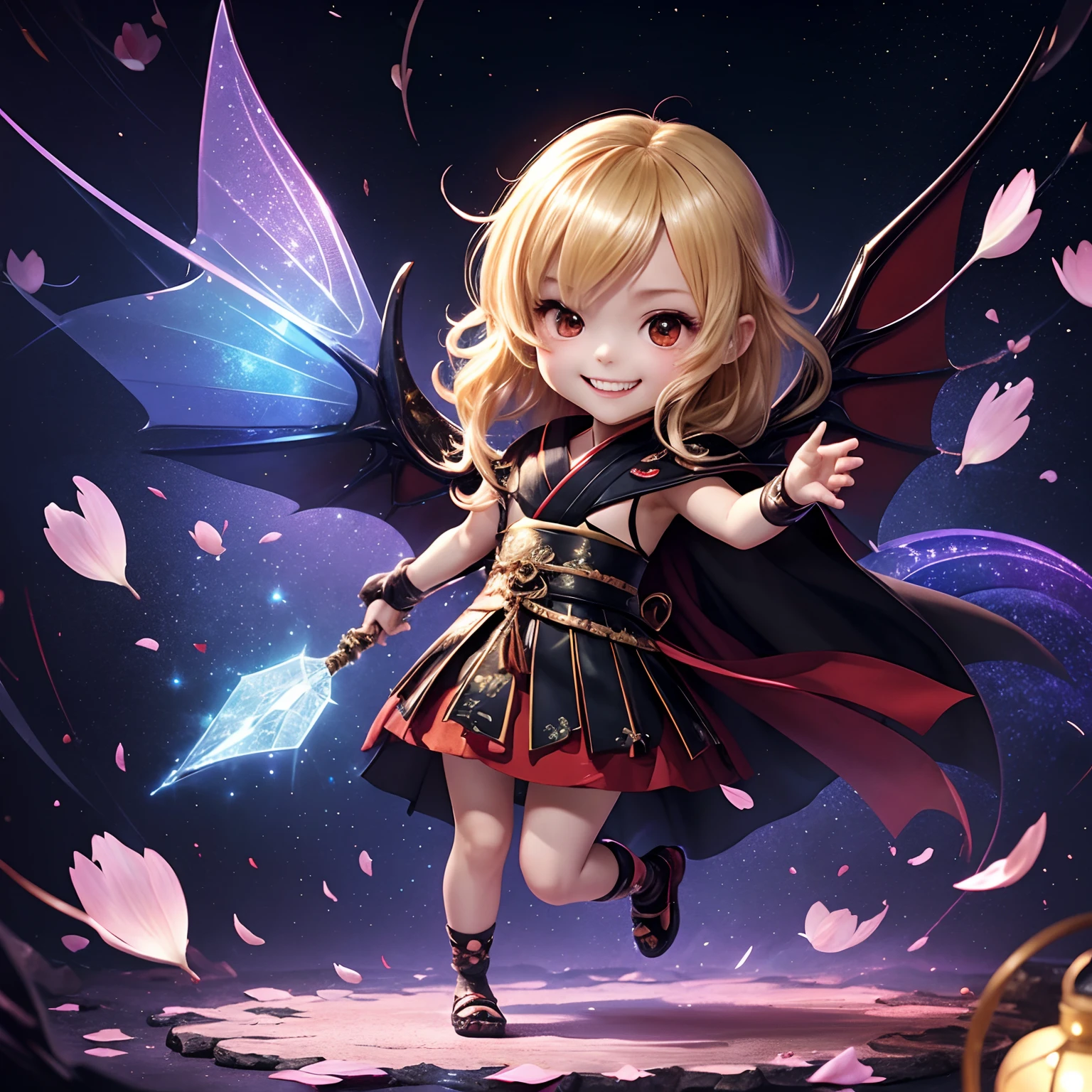 finest image, detailed and delicate depiction, Japanese painting, ukiyo-e style, (chibi character, deformed, full body, big head:1.5, line art), cute vampire, fearless smile, large sparkling fangs protruding from the mouth, messy blonde medium hair, paw pose, red dress and black cloak, wings, iridescent light glass crystal metal-plated fantasy room, background that emits fantastic light, light particles, light sparkles, iridescent light particles, many falling petals, professional lighting