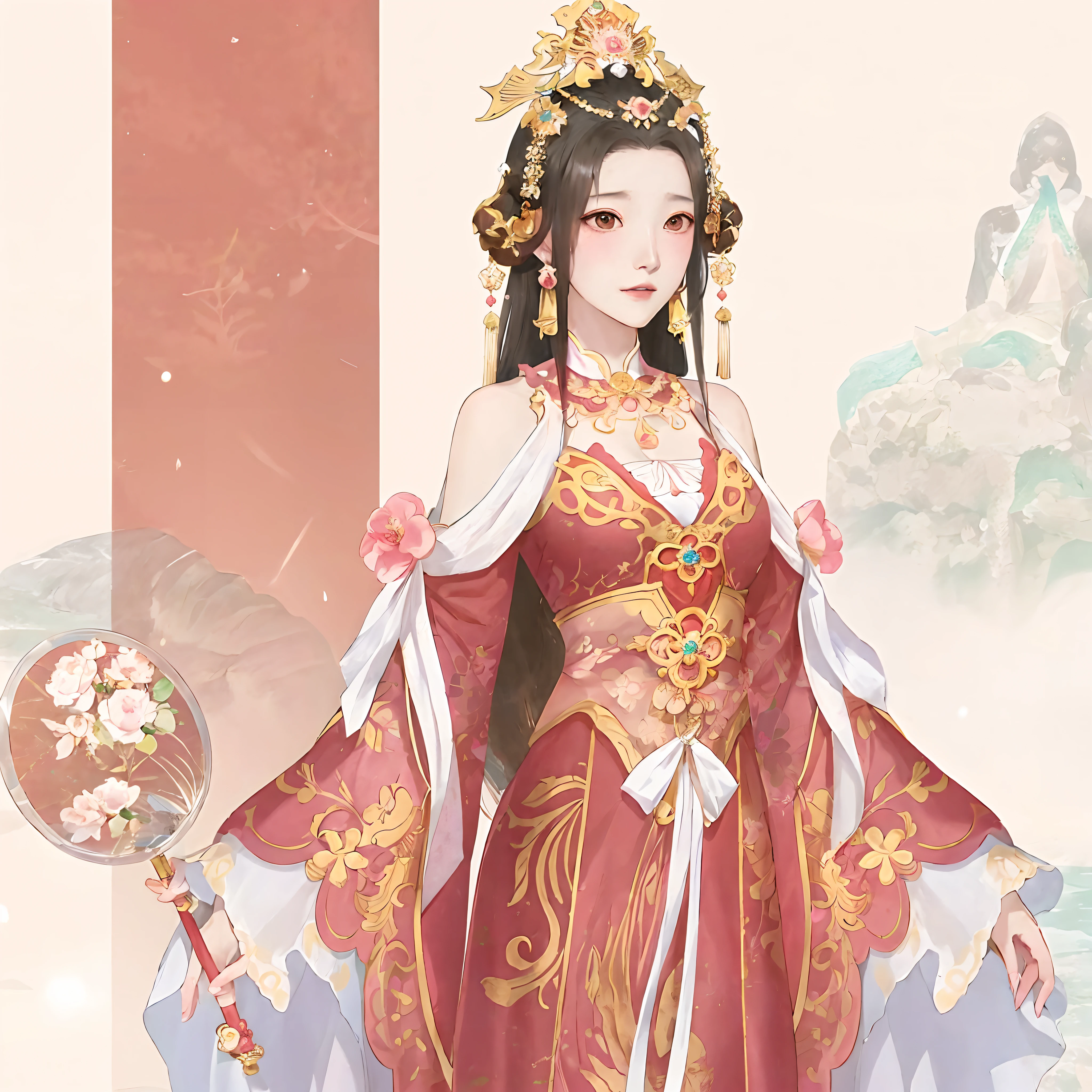 Anime girl in pink dress,Holding a fan in your hand, queen of the sea mu yanling, a beautiful fantasy empress, Inspired by Lan Ying, inspired by Park Hua, ((a beautiful fantasy empress)), Palace , A girl in Hanfu, full-body xianxia, gilded lotus princess, Inspired by Qiu Ying, inspired by Ma Yuanyu