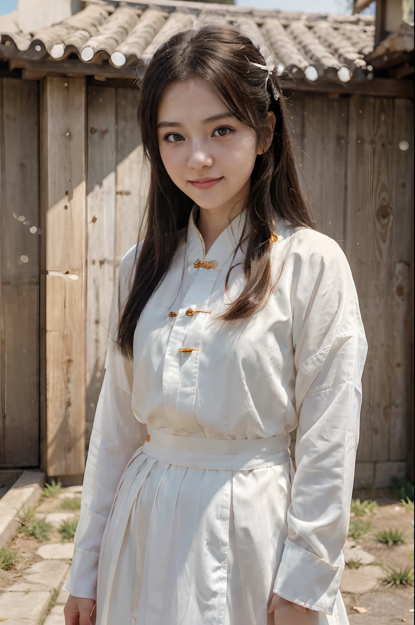(a 18 years-old cute girl), (wearing clean hanfu), smirk happily in the sunshine, white teeth, (bright eyes), (cold eyes), gradient eyes, (real and anime style), reflection light, ray tracing, depth of field, (cowboy shot), cinematic lighting, masterpiece, best quality, high details, highres, HD, 1080P