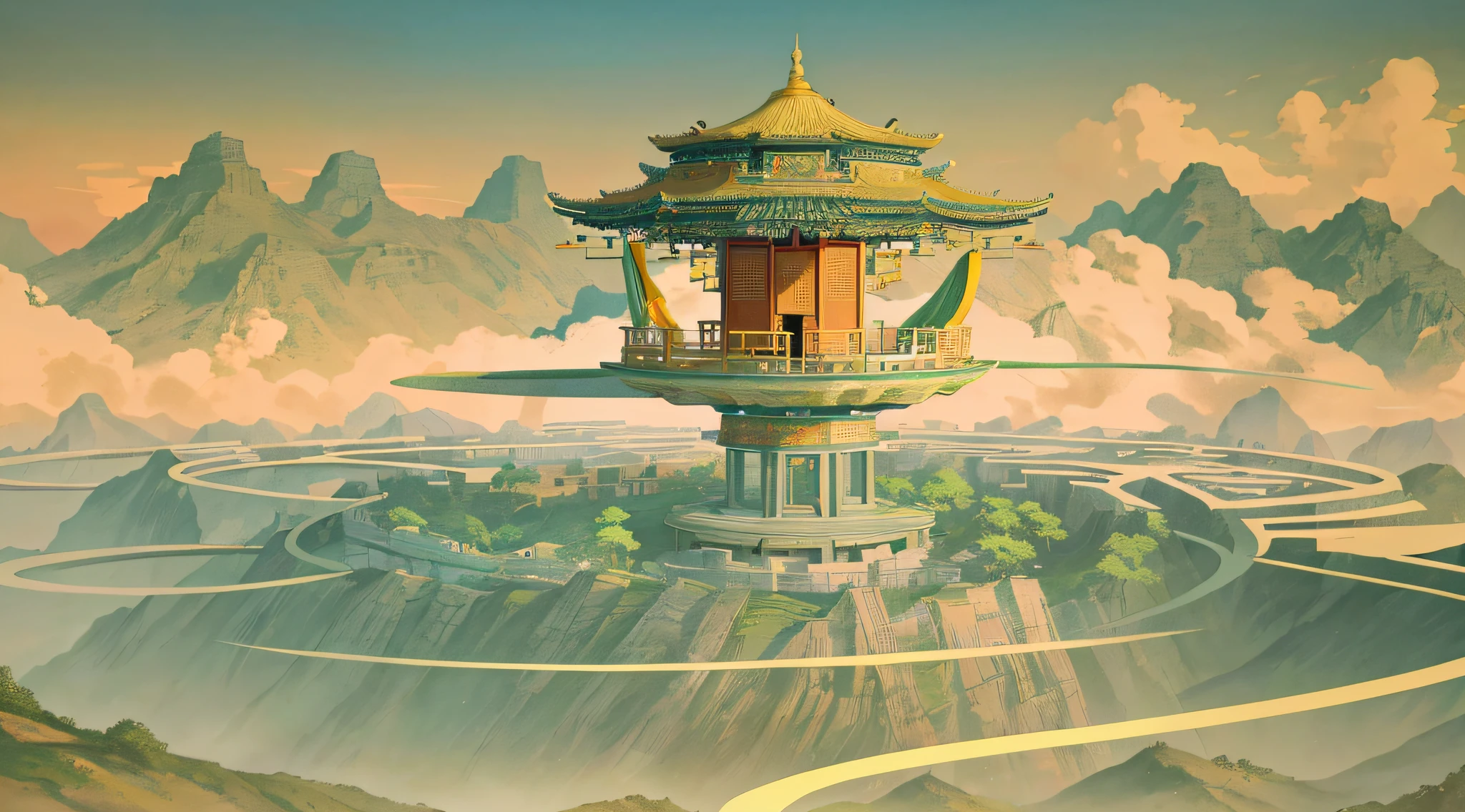 There is a large building with a circular roof on the top of the hill, A beautiful artwork illustration, an illustration of inspired by Victo Ngai, Tai Chi Bagua Element，Antique illustration