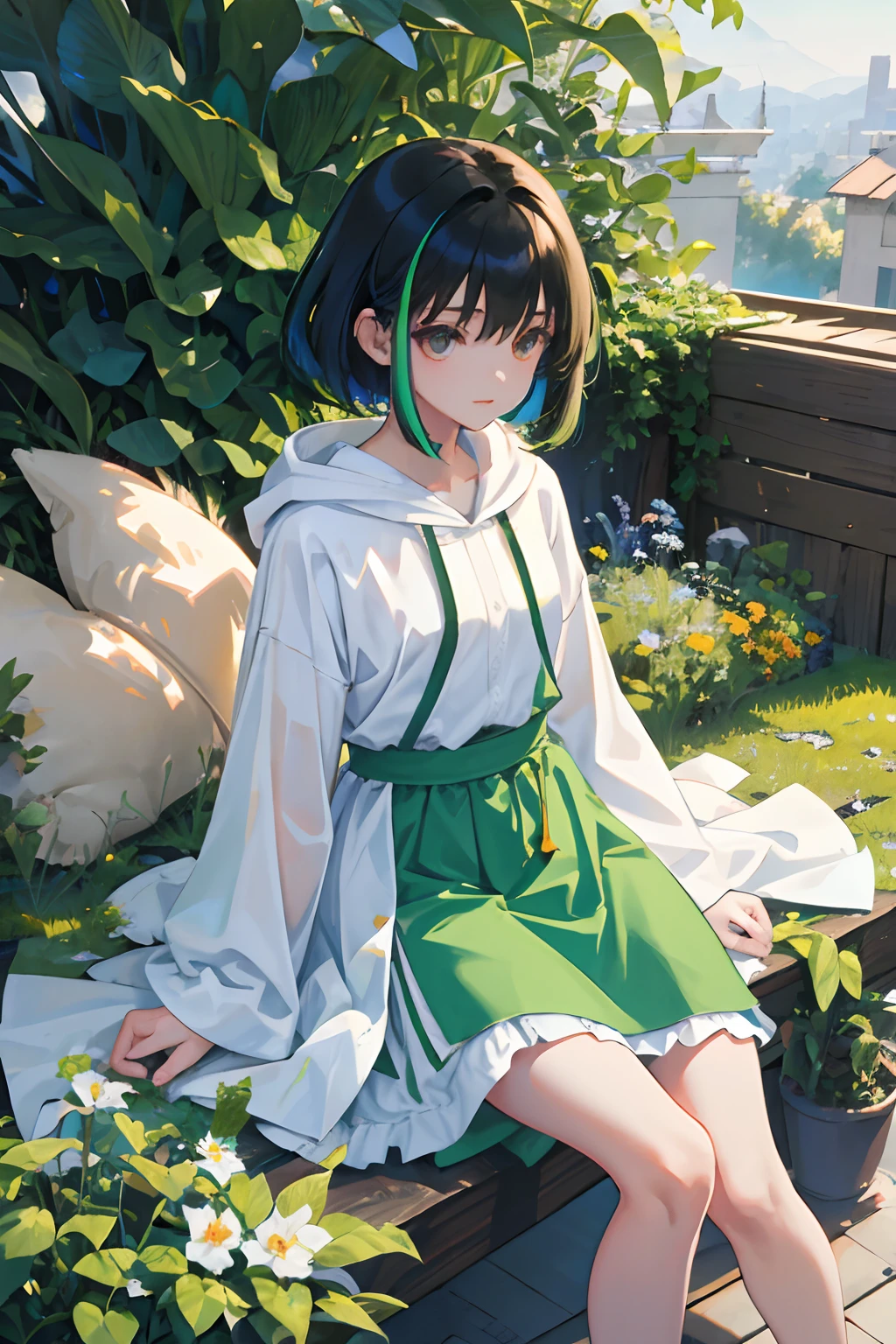 (child),(masterpiece,Highest Quality),Light green hoodie with short sleeves,(Long skirt with gingham check),A dark-haired,On the rooftop,observitory,the woods,mont,Colored leaves,momiji