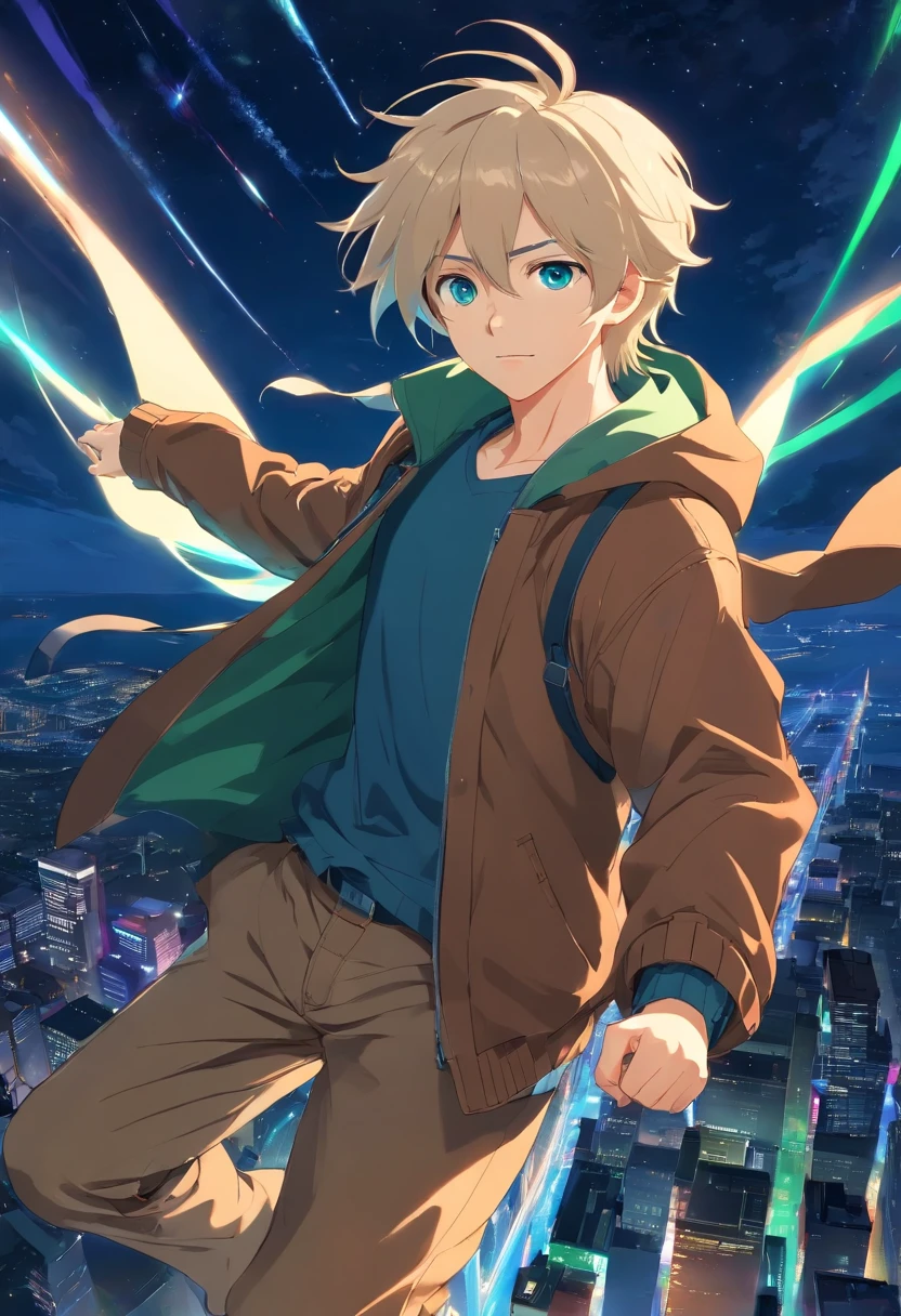 1 guy, white long hair, blue eyes, wearing a brown coat, green pants, flying in sky, mid air shot, night