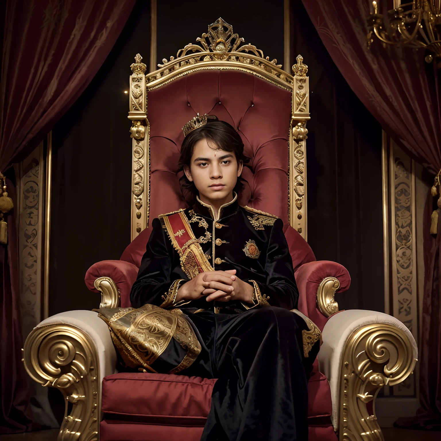 (a boy sitting on a magnificent throne),royal attire,sparkling crown,elaborate golden details,ornate decorations,regal backdrop,rich velvet curtains,regal insignia,luxurious satin pillow,refined velvet cushion,captivating chandelier,royal scepter,royal goblet,golden embroidery,exquisite engravings,meticulous craftsmanship,attention to detail,grand and opulent,impressive,commanding presence,kingly expression,resplendent colors,imposing posture,royal power and authority,dignified and noble,symbol of monarchy,regal and prestigious,stylish and regal,rich and majestic,royal blood,graceful and poised,regal confidence,kingdom's pride,royal lineage,exalted status,royal heritage,princely charm,distinguished elegance,stately and charismatic,luminous aura,divine presence.