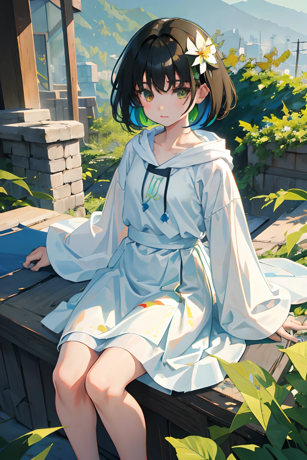 (child)，（​masterpiece，Highest Quality），Light green hoodie with short sleeves，(Long skirt with white gingham check)，A dark-haired，On the rooftop，observitory，the woods，mont，Colored leaves，momiji