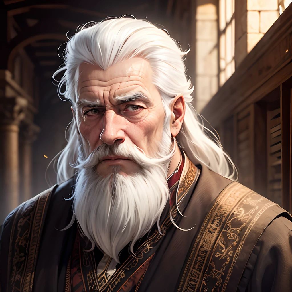 an elder with a beard and white hair, com rosto sereno, Sympathetic look speaking, produzindo, dentro de um templo