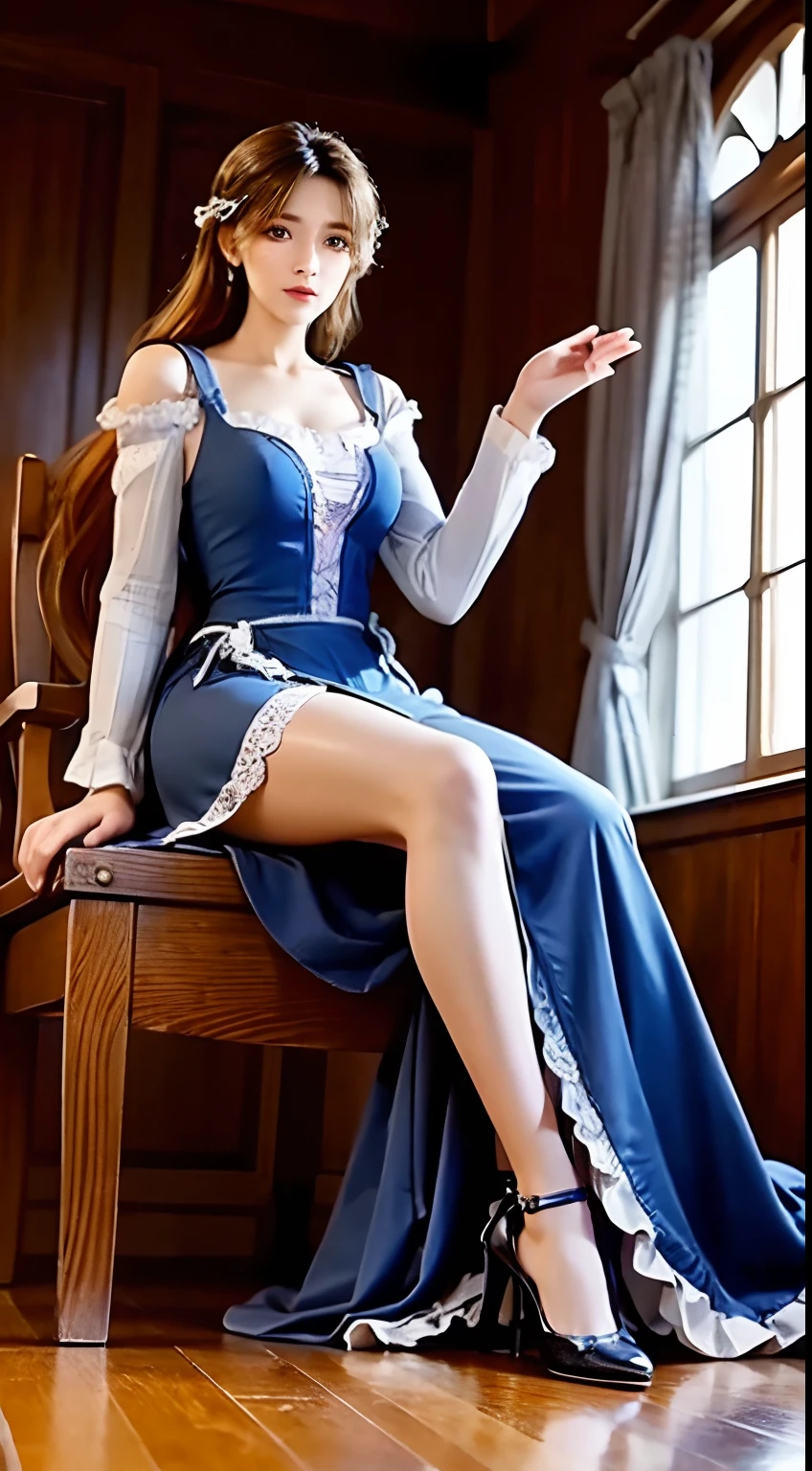 Arapefi, Purple princess dress， seated on a throne， wearing high heels，Hold the jewelry in your hand，seen from the front，next to a big window,  close-up from the front, next to a window, sitting in a castle, Sense of transparency，（oversized boobs，1.5），Expose cleavage，Turn around and look at the camera，tmasterpiece，Flawless，Sense of transparency，Empty inspiration，More details and decoration，（Expose the whole body,1.8），Exposing thighs，，long leges，8K，（Wear decorations such as rings，1.9），White-colored skin，Colored stockings，one-girl