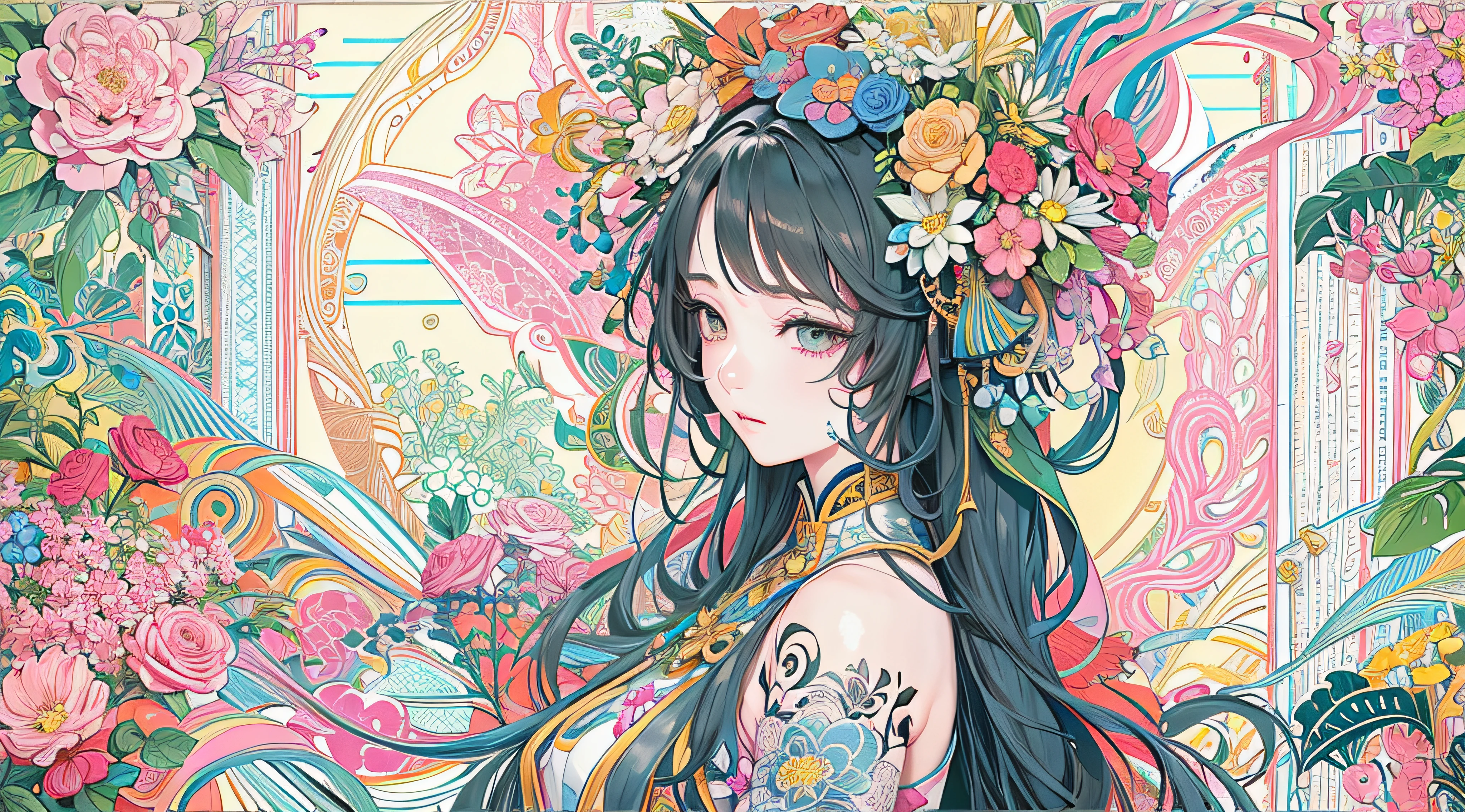 (masterpiece、top-quality、top-quality、Official Art、Beautifully Aesthetic:1.2)、(1girl in:1.3)、ighly detailed、(Fractal art:1.1)、(color:1.1) (florals:1.3)、(Yuko Higuchi:1.4)、Yuko Higuchi、(Yoh:1.2)、(line-drawing)、line-drawing、Pen drawing、Zentangle、(Tattoo patterns:1.2)、(complex lines)、(masterpiece)、(top-quality:1.1)、(ultra-detailliert)、The best illustrations、finely detail、hand-drawn high quality、highly contrast、(Clean lines:1.3)、Ligne Claire、(portlate)、(very closeup:1.1)、Fashion poses、1 girl in、leng jun、cheng yi、Gorgeous young Korean woman、Super beautiful face、 Super beautiful eyes、Super beautiful hair、Colorful long hair、独奏、Sexy bumps on the chest、full bodyesbian、Colorful backgrounds、(intricate-detail:1.3)、(detailedbackground:1.2)、(Colored background:1.1)、Sketched、intricate-detail、hight resolution