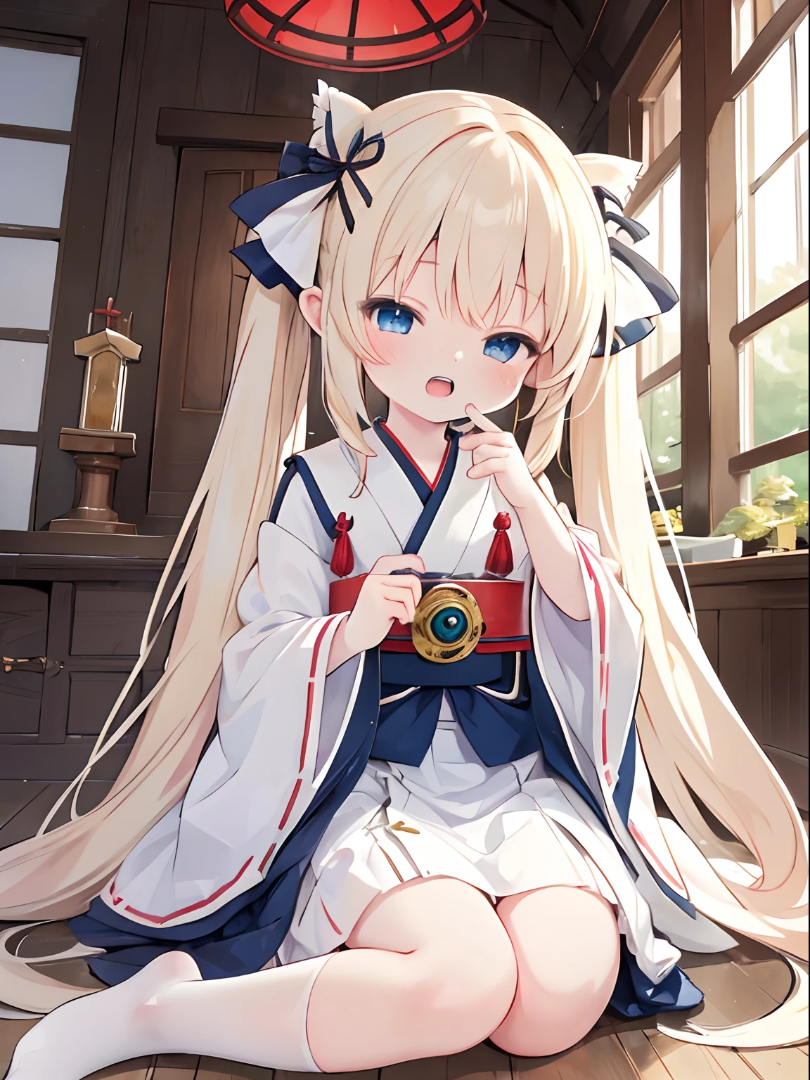 ((4K, master piece, Best Quality)), Cute little girl s,pale blond hair, Blue eyes,very long twintails,Laugh,double tooth,Closed eyes,Looking at Viewer,Lens Flare, shrine maiden, shrines