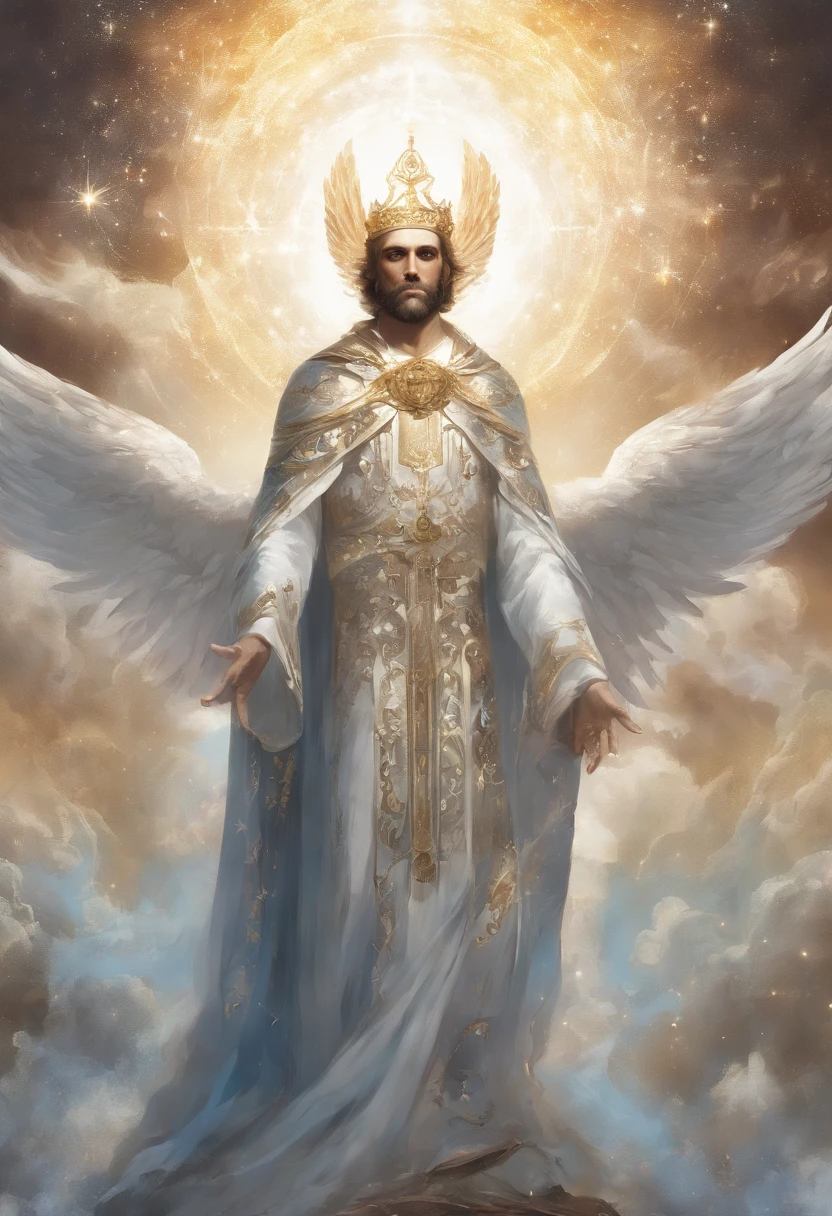 um homem angelical de barbas brancas e cabelos longos brancos. um anjo sem asas reluzindo uma luz brilhante branca e prateada em tunica branca rica em diamantes. um senhor de 70 anos flutuando num ceu azul infinito. um senhor vestindo tunica branca celestial, anjo, Catholic God