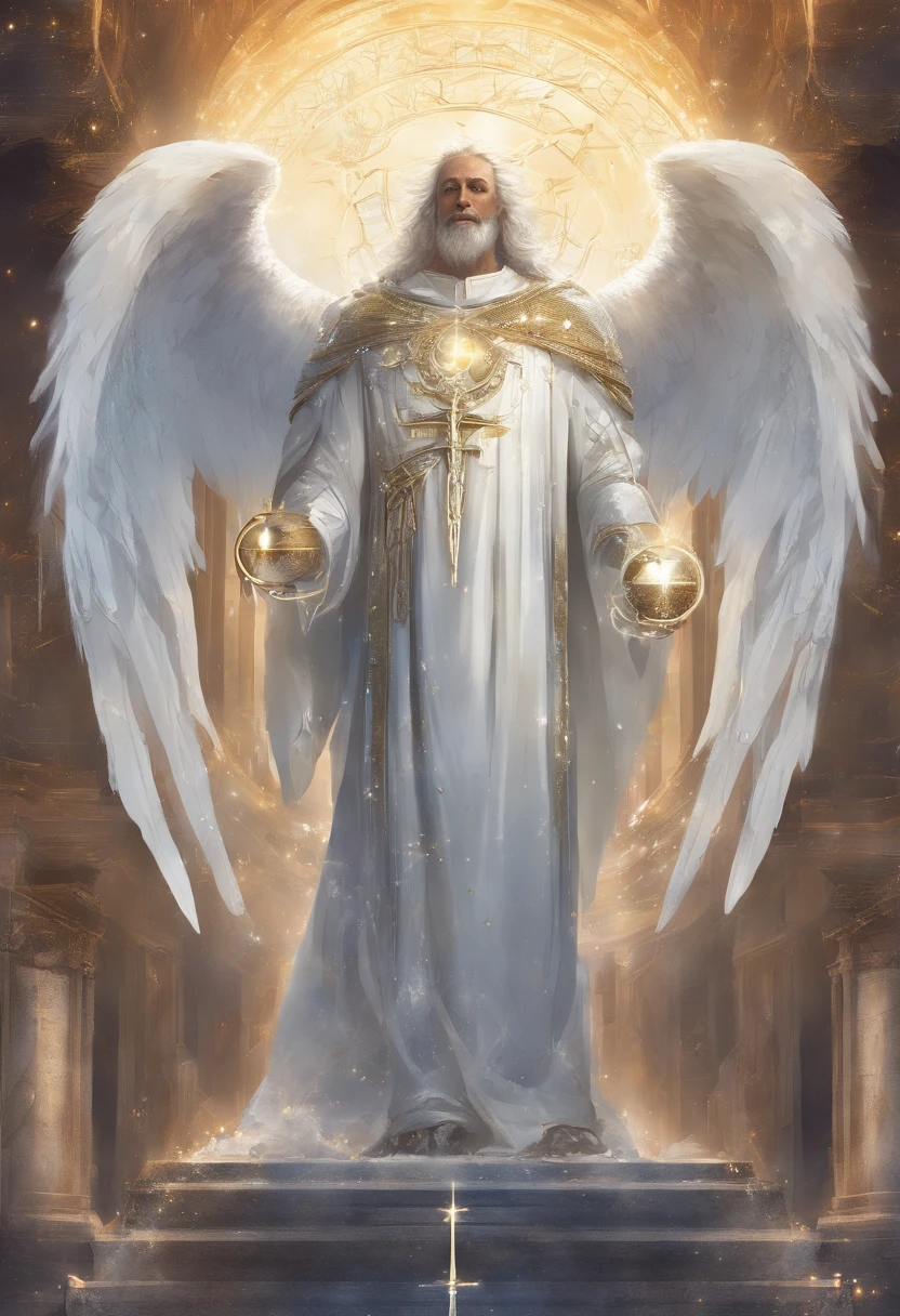 um homem angelical de barbas brancas e cabelos longos brancos. um anjo sem asas reluzindo uma luz brilhante branca e prateada em tunica branca rica em diamantes. um senhor de 70 anos flutuando num ceu azul infinito. um senhor vestindo tunica branca celestial, anjo, Catholic God