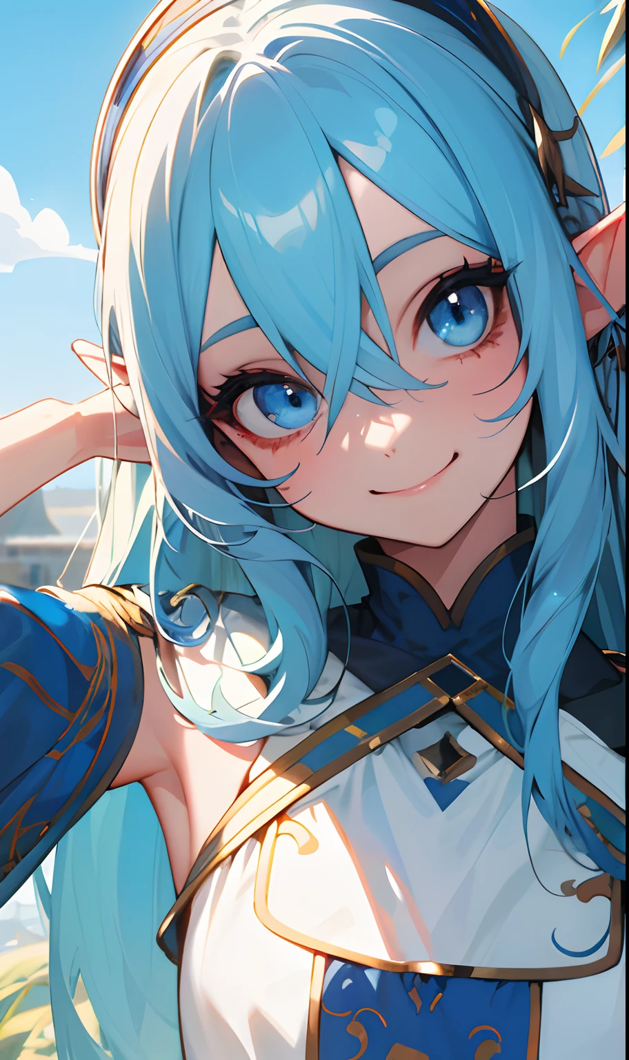 femele, kind, funny, Beautiful, looking after, Long blue hair, Smile like the sun, Wearing clothes that are shoulder-to-shoulder, Blue eyeball、Cheerful atmosphere，elvish,Spiteful smile，frontage