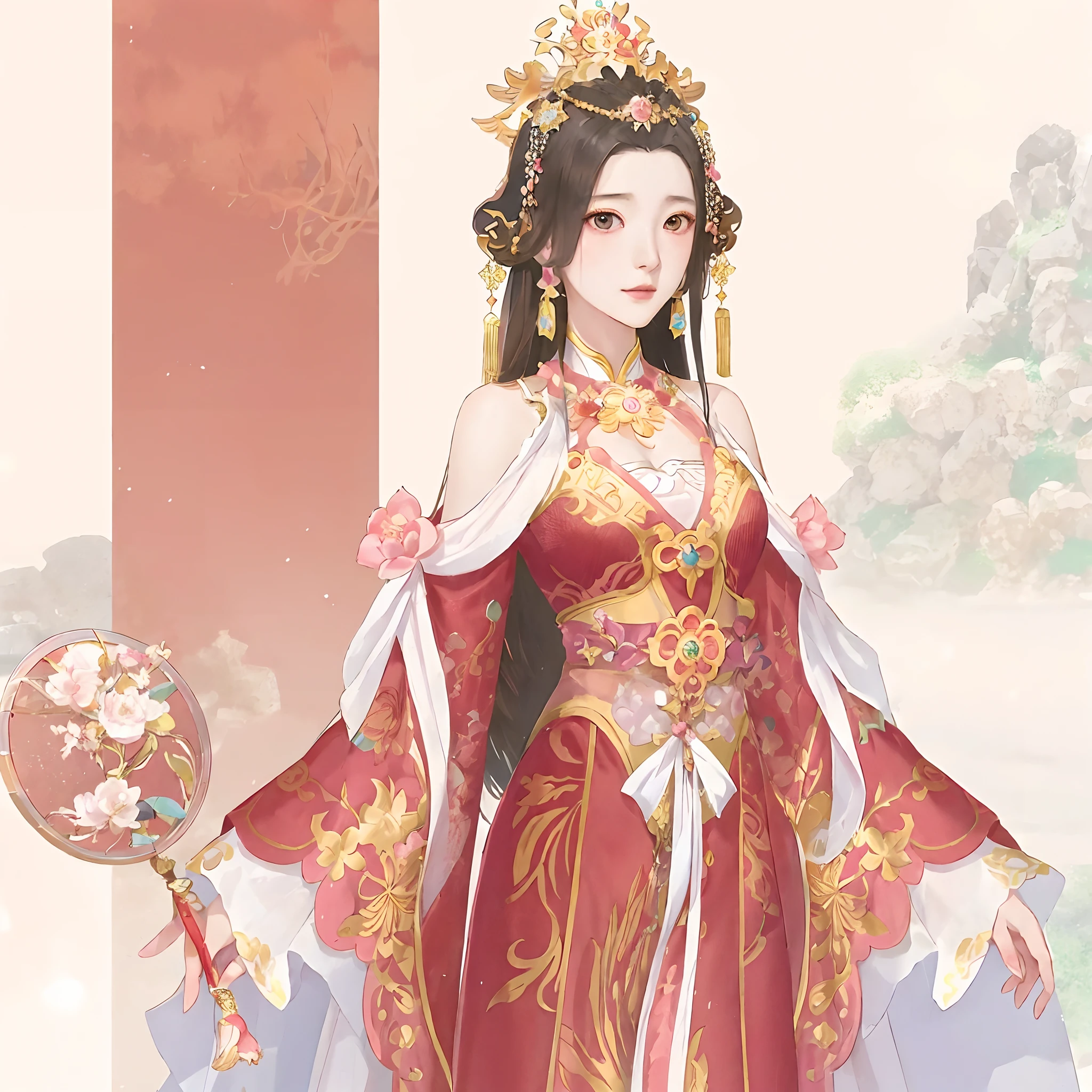 Anime girl in pink dress,Holding a fan in your hand, queen of the sea mu yanling, a beautiful fantasy empress, Inspired by Lan Ying, inspired by Park Hua, ((a beautiful fantasy empress)), Palace , A girl in Hanfu, full-body xianxia, gilded lotus princess, Inspired by Qiu Ying, inspired by Ma Yuanyu