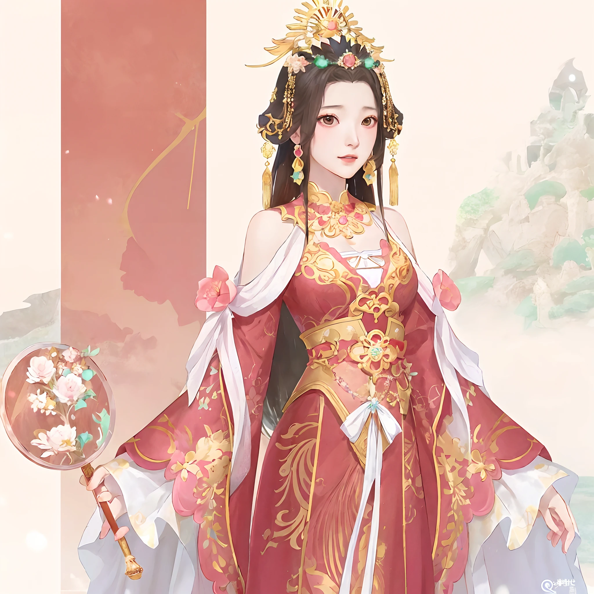 Anime girl in pink dress,Holding a fan in your hand, queen of the sea mu yanling, a beautiful fantasy empress, Inspired by Lan Ying, inspired by Park Hua, ((a beautiful fantasy empress)), Palace , A girl in Hanfu, full-body xianxia, gilded lotus princess, Inspired by Qiu Ying, inspired by Ma Yuanyu