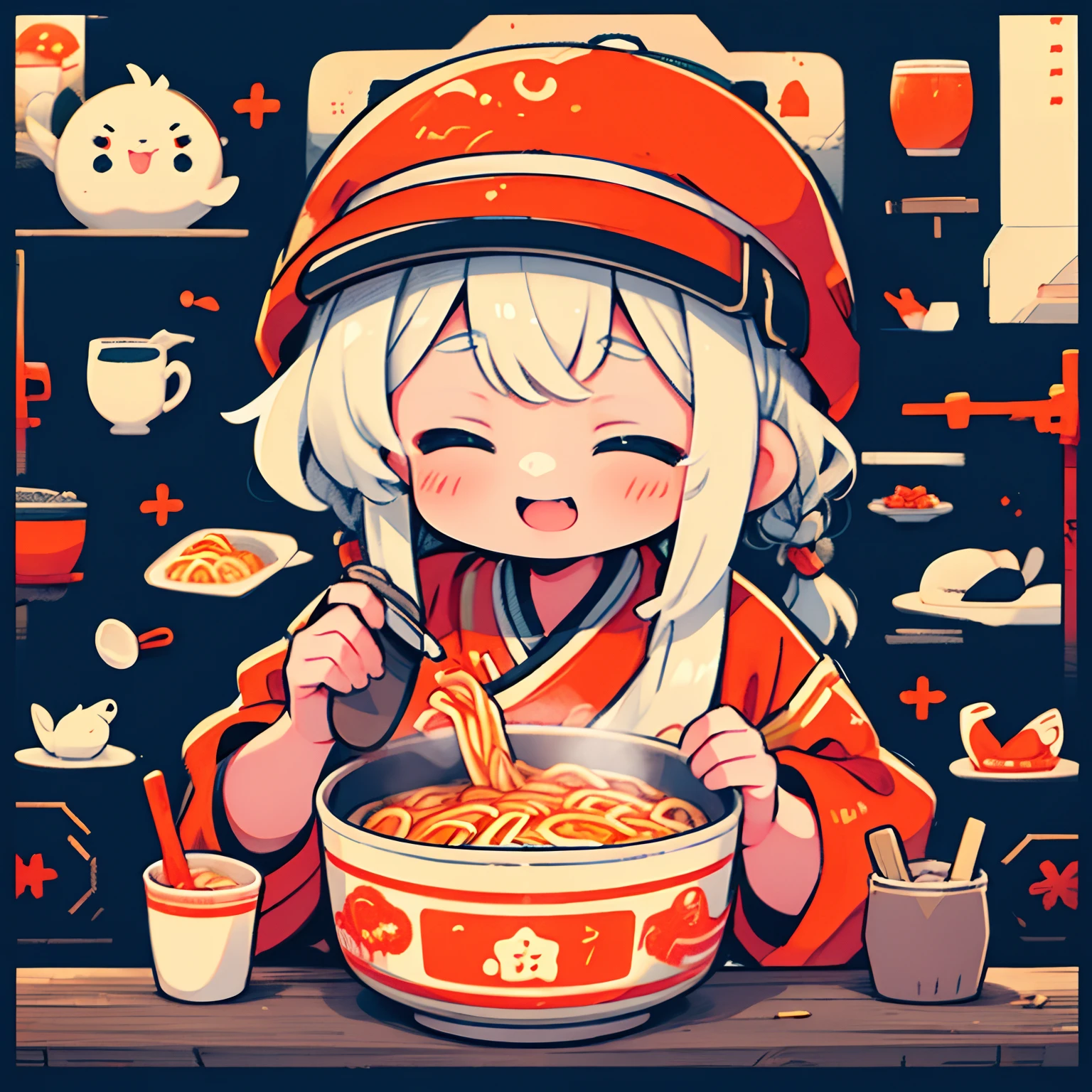 Girl Eating Ramen、happily face、Chinese clothes and hats、tmasterpiece、top-quality、Top image quality
