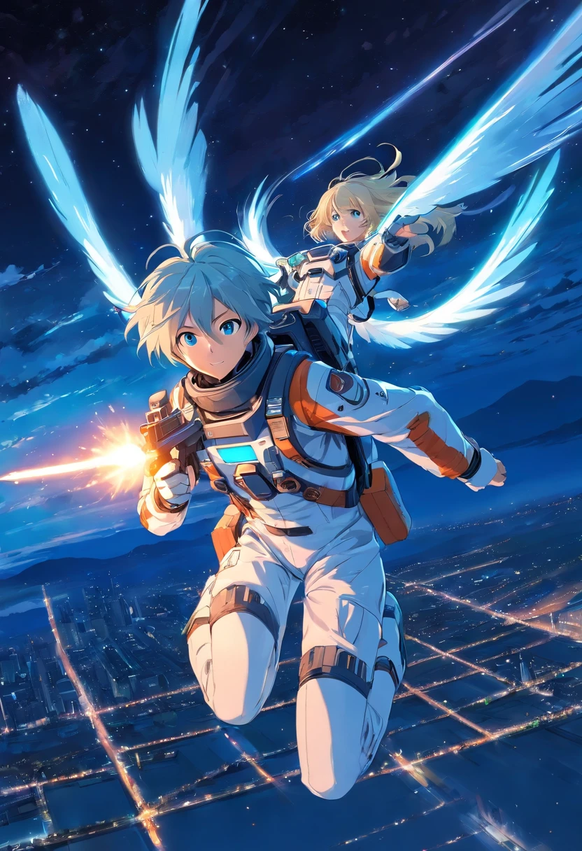 1 guy, white long hair, blue eyes, wearing spacesuit, assault rifle in the hands, flying in sky, mid air shot, night, he is very happy