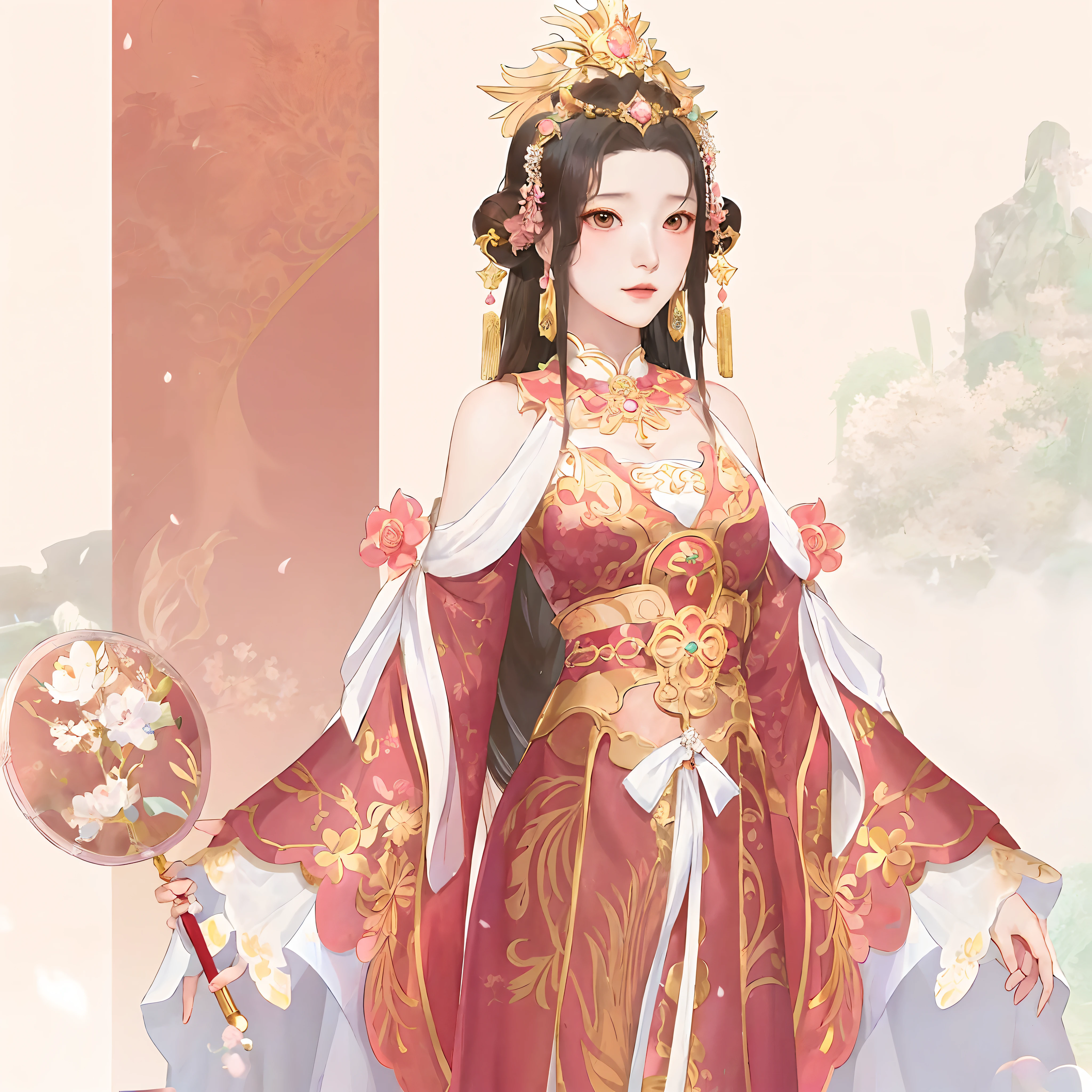 Anime girl in pink dress，Holding a fan in your hand, queen of the sea mu yanling, a beautiful fantasy empress, Inspired by Lan Ying, inspired by Park Hua, ((a beautiful fantasy empress)), Palace ， A girl in Hanfu, full-body xianxia, gilded lotus princess, Inspired by Qiu Ying, inspired by Ma Yuanyu