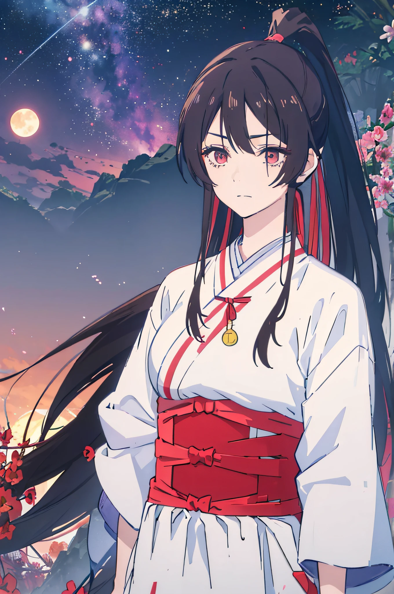 Sagiri Jigokuraku, sagirin, brown hair, black hair, glowing hair, ponytail, hair ribbon, hair between eyes, 1girl, solo, forest, purple sun, dark purple sky, multiple flowers, pink flowers, red flowers, yellow flowers, lake, water, river, rocks, moon, purple moon, lighting, perfect lighting, moonlight, trees background, beautiful sky, stars, clouds, clear sky with clouds, nebula, high resolution, 8K, asaemon_sagiri