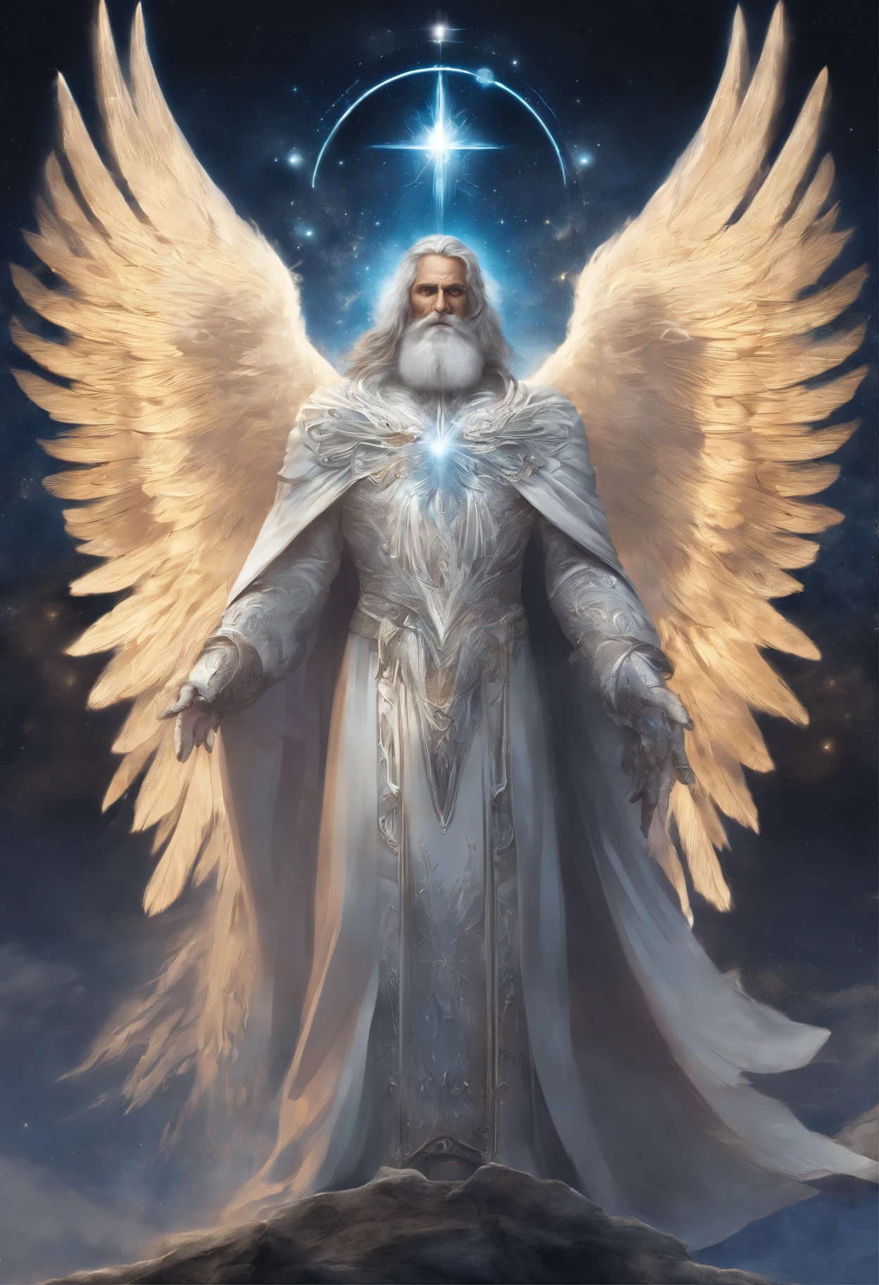 um homem angelical de barbas brancas e cabelos longos brancos, sem asas reluzindo uma luz brilhante branca e prateada em tunica branca rica em diamantes. um senhor de 70 anos flutuando num ceu azul infinito. um senhor vestindo tunica branca celestial, Catholic God