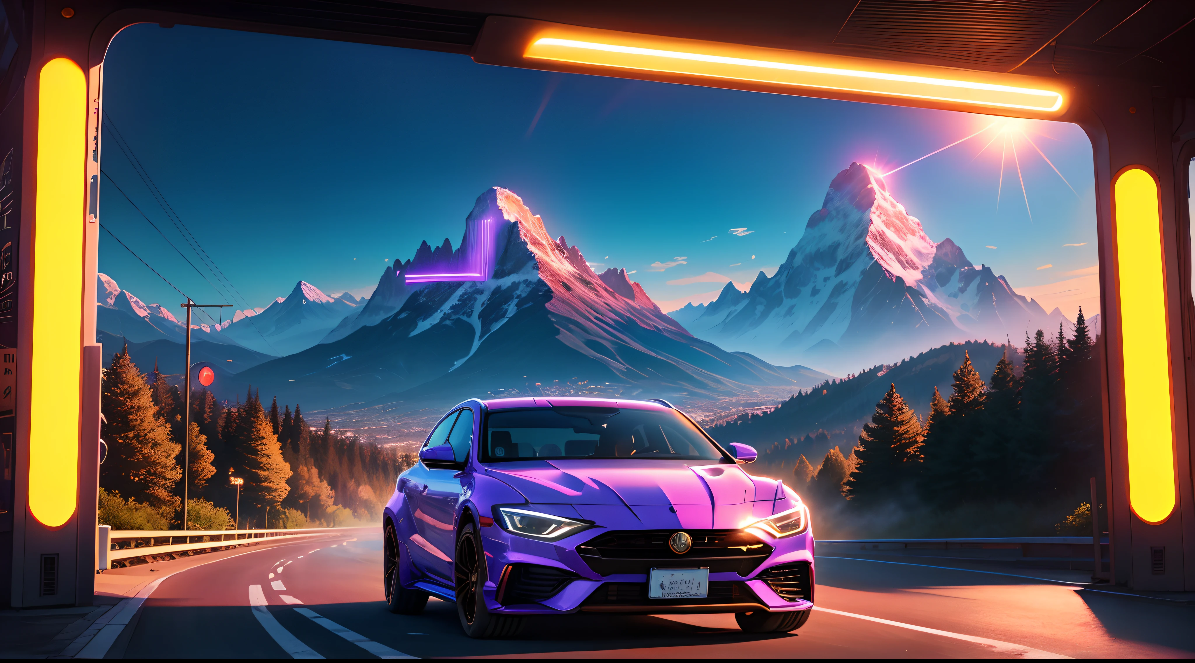 Retrowave. city, 2020 MG MGHS,Wide chassis kit, road,  Purple Neon Lights, sun, mountain, 
(masterpiece,Detailed,highres),