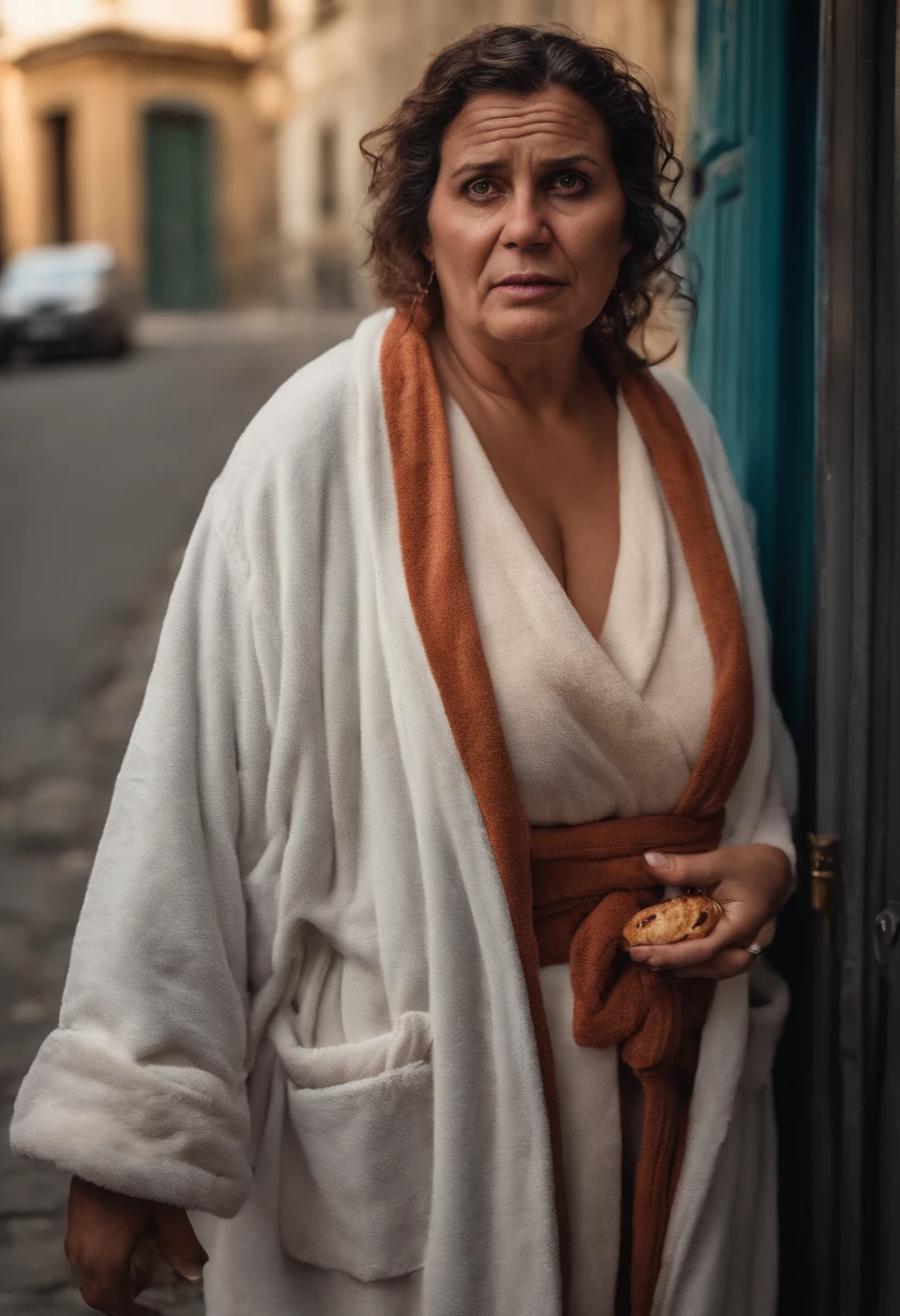 surprised obese ugly latin homeless womam, depressed, 40 years old, wearing a bathrobe, mussed hair, smudged make-up, no earring, head down, open a fridge at night, eating croissant. rule of thirds, high quality background, ultra detailed professional scenery, sharp focus, professional background 4K