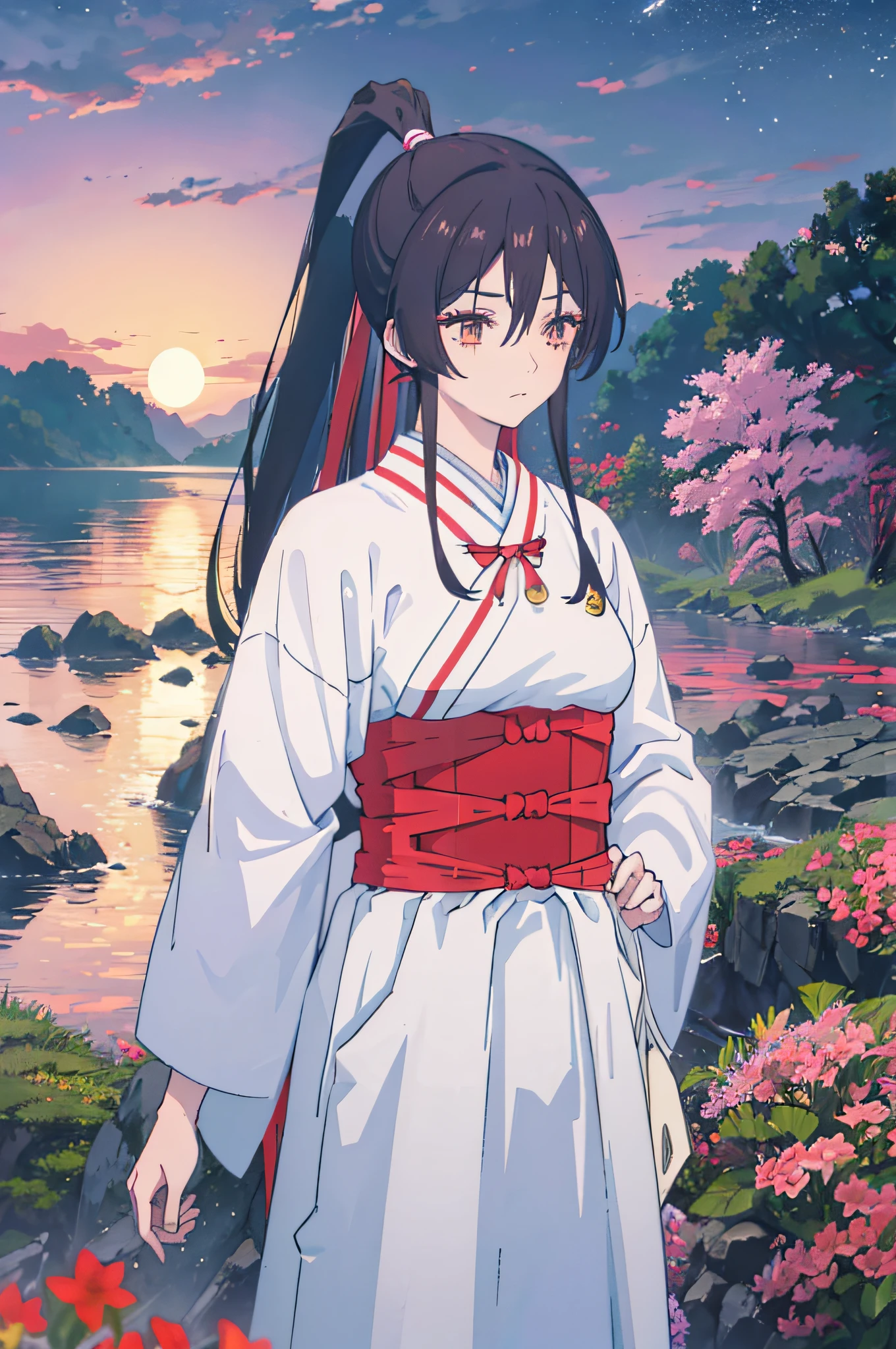 Sagiri Jigokuraku, sagirin, brown hair, black hair, glowing hair, ponytail, hair ribbon, hair between eyes, 1girl, solo, forest, purple sun, dark purple sky, multiple flowers, pink flowers, red flowers, yellow flowers, lake, water, river, rocks, moon, purple moon, lighting, perfect lighting, moonlight, trees background, beautiful sky, stars, clouds, clear sky with clouds, nebula, high resolution, 8K, asaemon_sagiri