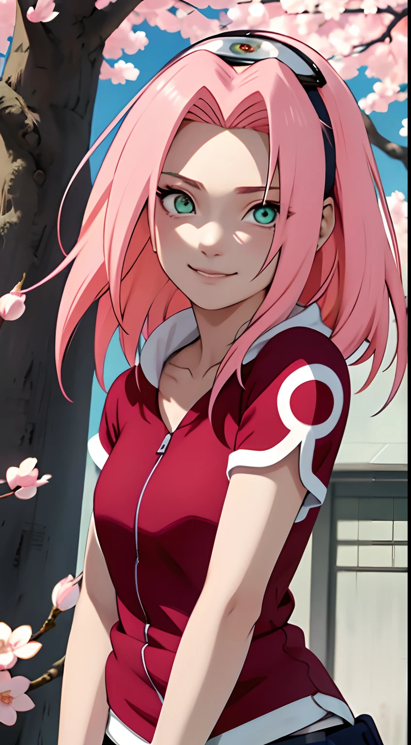 tmasterpiece， Best quality at best， 1girll， Sakura Haruno，Off-the-shoulder attire，（upperbody closeup)，is shy，ssmile，with pink hair， long whitr hair， （Green eyeballs:1.4)， Forehead protection， the cherry trees，Cherry blossoms flying，Red clothes，Zipper half