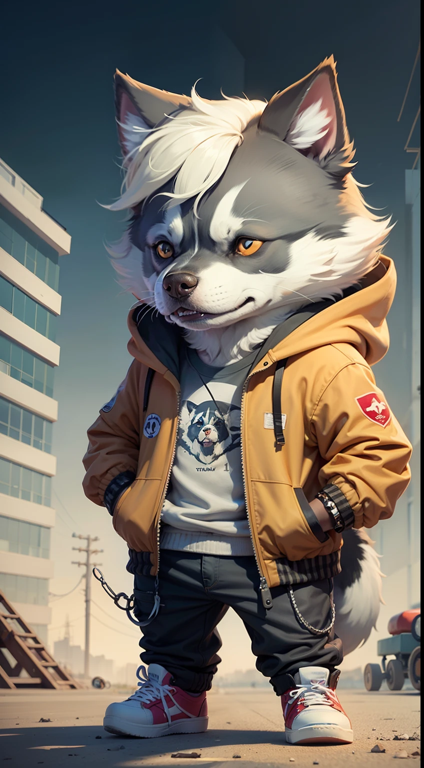 c4tt4stic, Cartoon Siberian husky dog in jacket and skateboard