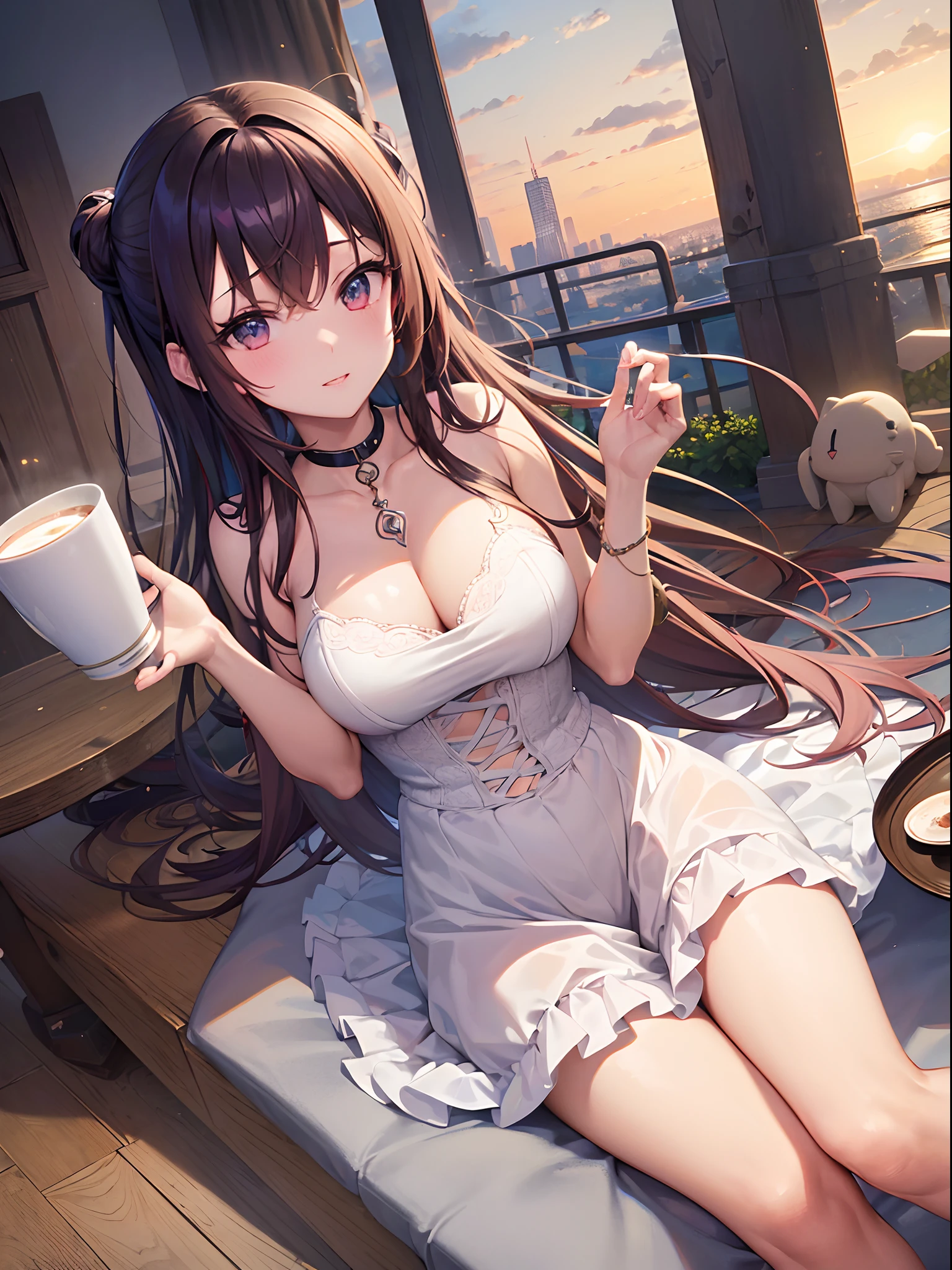 ((Finest quality)),(超A high resolution),(ultra-detailliert),((Best Anime)),sharpnes,Vivid:1.1,The art of astounding depiction, (1 adult female),mug cup:1.3,Holding the mug with both hands