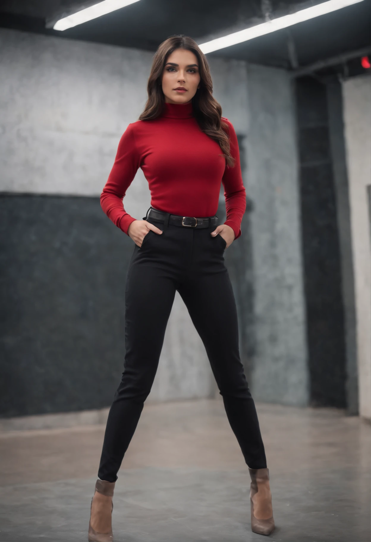 A dominant looking teacher, pretty, Thicc, high, with Asian features, with red and black clothes and heels