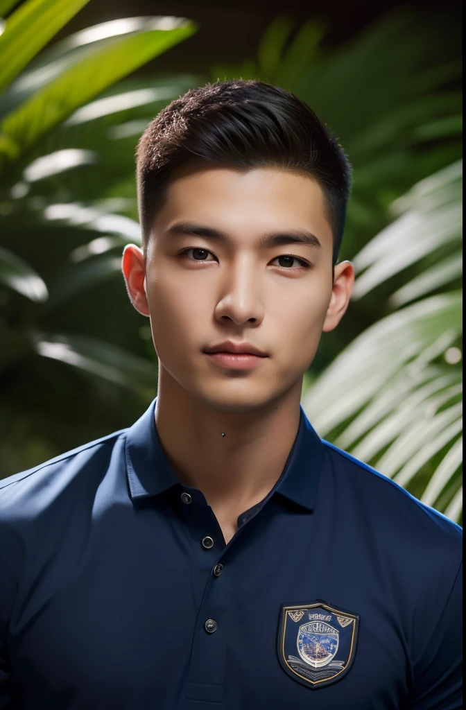 A man in his 20s wearing a police uniform poses for a group photo..., Wear a navy shirt........, High-res, tmasterpiece, best qualtiy, Head:1.3,((Hasselblad photograp)), Fine fine skin, Clear focus, (Cinematic lighting), during night, Gentle lighting, dynamic angle, [:(Detailed face:1.2):0.2],(((Exercise))), outside