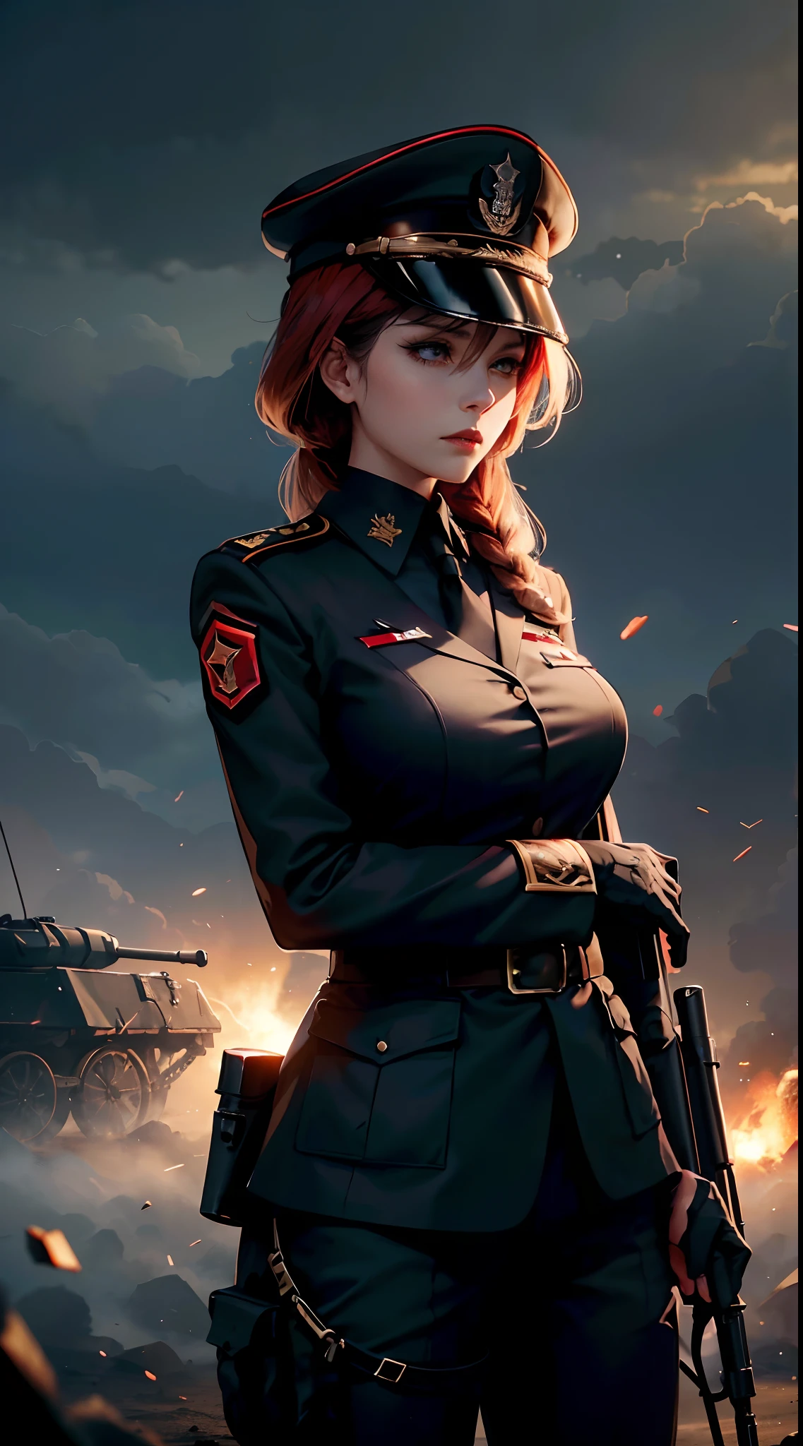 The woman was holding a long gun, WWII general black suit,, WWII Black Army Hat, elegant. Tanks and soldiers in the background,Red blood element,HD light and dark, Balanced rendering, HD lighting and darkness )<=(Epic image quality)Dark atmosphere with bright particle light(Many effects in the background)