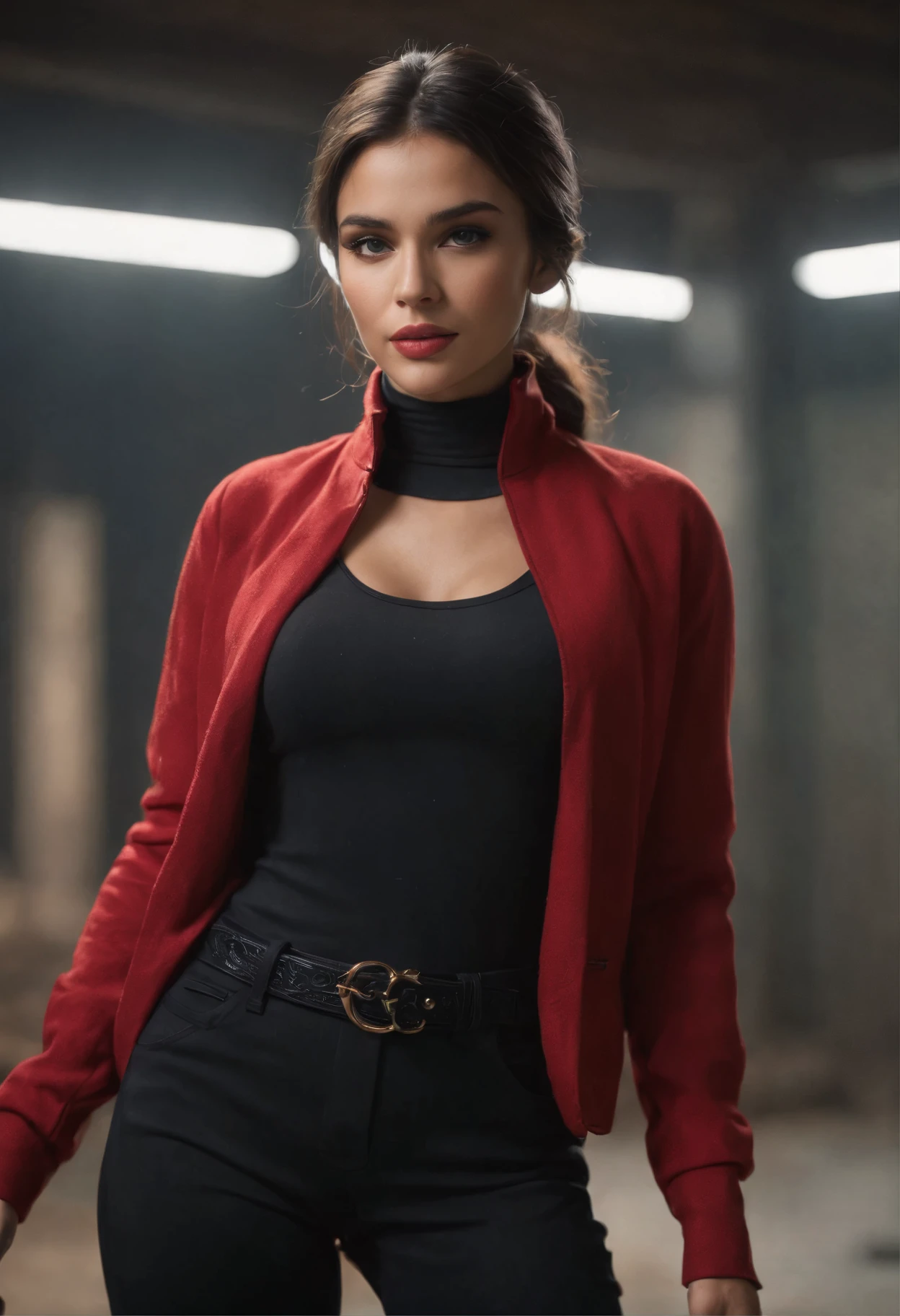 Full body, caucasian girl, tall, gorgeous, spanish descent, age 25, detailed skin, tanned skin, black hair. red color turtle neck, black fitting pants, working at the underground base, highly detailed, well lit,  8k, reviewing artifacts, holding a long whip. amazing detail,