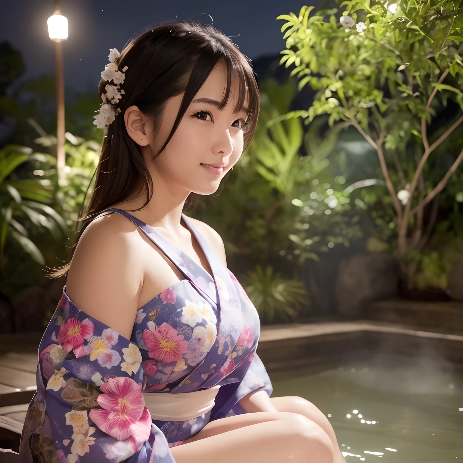 （masterpiece, highest quality, High resolution,8K）、A beautiful Japanese woman with a height difference of 35cm、Wear glasses、big breasts、cleavage、Open-air bath in the mountains、An open-air bath beneath the cherry blossom trees in full bloom、A white mist hangs、Steam is coming out of the water、naked bath towel、Naked with a bath towel wrapped around her、Wet and shiny hair、Wet and shiny skin