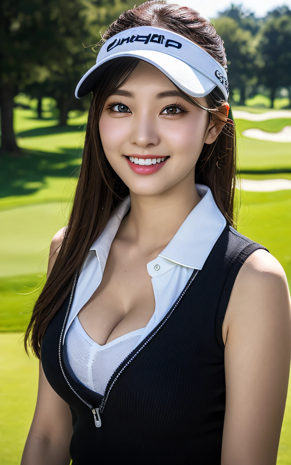 Highly detailed CG Unity 8k wallpaper, With the highest quality, super detailed, ​master piece, Realistic, photos realistic, extremely detailed cute girl, 25 years old, (Golf Wear) , (Golf Mini Skirt) , (Hugging a golf driver),  (Wearing golf gloves), Smile , Round eyes, Large breasts , (cleavage), looking viewer, Half body shot , Golf Course , Sun visor, ass shot