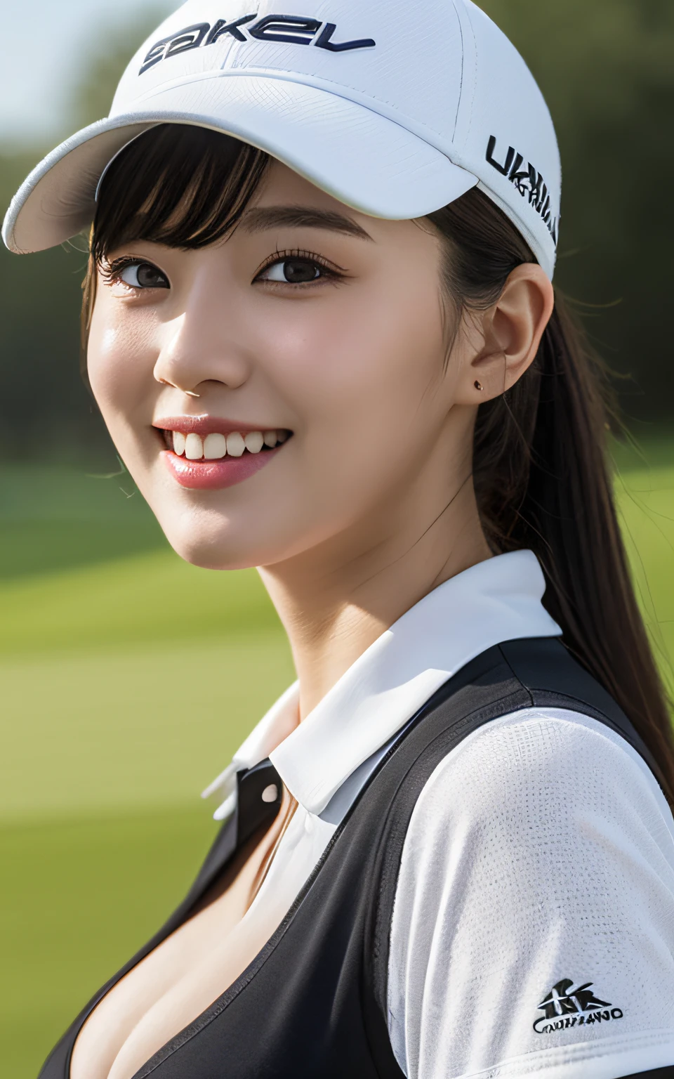Highly detailed CG Unity 8k wallpaper, With the highest quality, super detailed, master piece, Realistic, photos realistic, extremely detailed cute girl, 25 years old, (Golf Wear) , (Golf Driver), Golf Gloves, Smile , Round eyes, medium breasts , (cleavage), looking viewer, Half body shot , Golf Course , Sun visor,