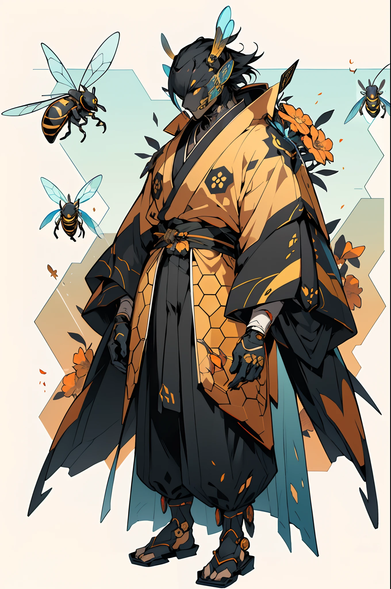 1 Anthropomorphism of bees, standing full-body，Solo, (tmasterpiece，top Quority，best qualtiy), ((Anthropomorphism of bees)), 独奏, human structure bee concept art, character design contest winner, cyberpunk bee, (((Hive hexagonal element clothes，Honey element，flower elements))), Cyborg Wasp, Great character design, Japanese kimono wasp, Fantasy beekeeper, （（onmyoji style，Surreal Science Fiction Art，Future Science Fiction Aesthetics））, Creature kimono wasps, (The main colors are yellow and black), interesting character design, insect trainer girl, no type, cushart kenz, Onmyoji kimono wasp, full body concept, high quality character design, character design art, ((very simple background))、(Game character design), white backgrounid（（（flatcolors）））