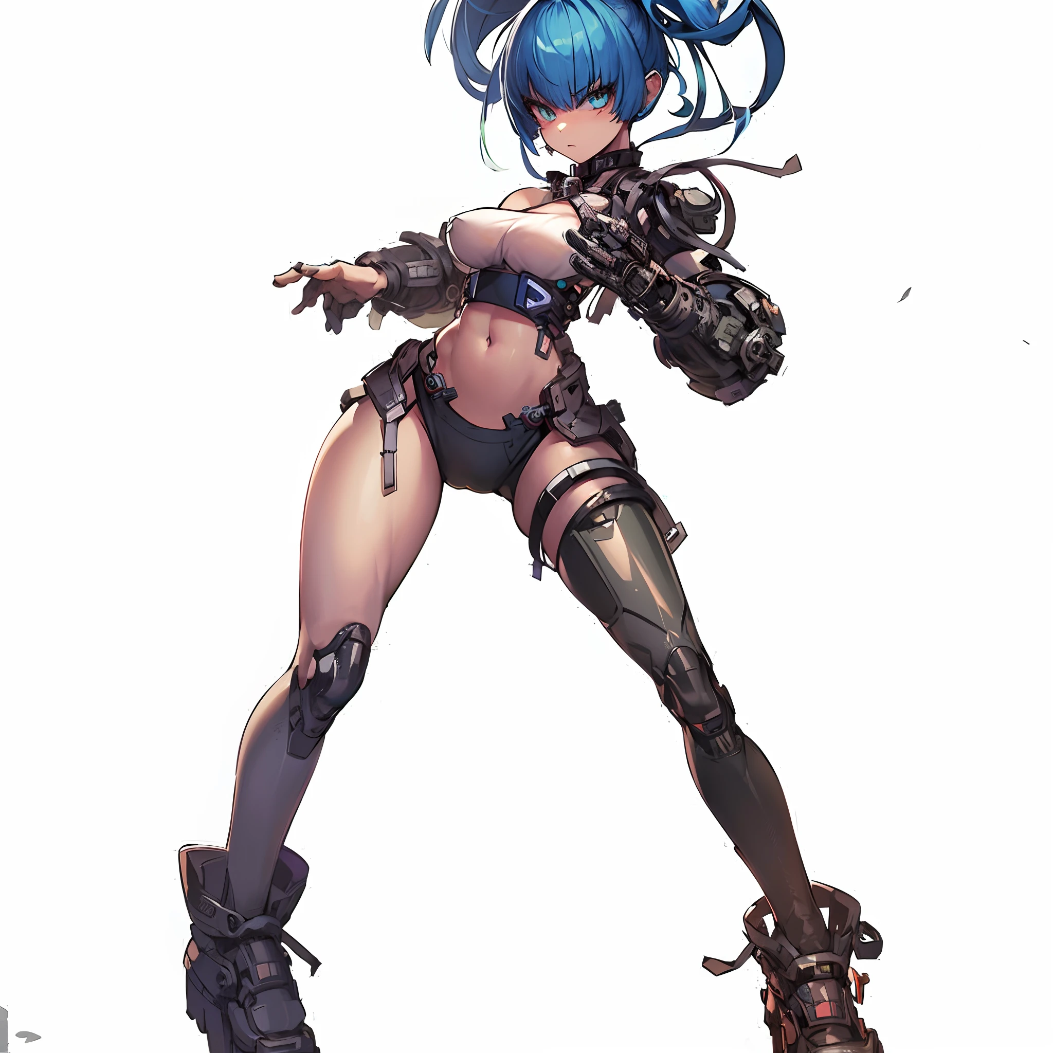 (masutepiece, Best Quality), (Perfect athlete body:1.2), (detailed hairs), Ultra-detailed, Anime style, Full body, cyber punk Girl, Solo, Long hair, Silver hair, Turquoise eyes, (masutepiece, Best Quality, Illustration)++, Beautiful detailed girl, Ultra-detailed++, From  above, Cyber High Tech Boots+, angry, Bored face, hair between eye, Bangs, eyebrows visible through hair, Full body, Mechanized limbs++, Whole body, Unusually huge gauntlet++