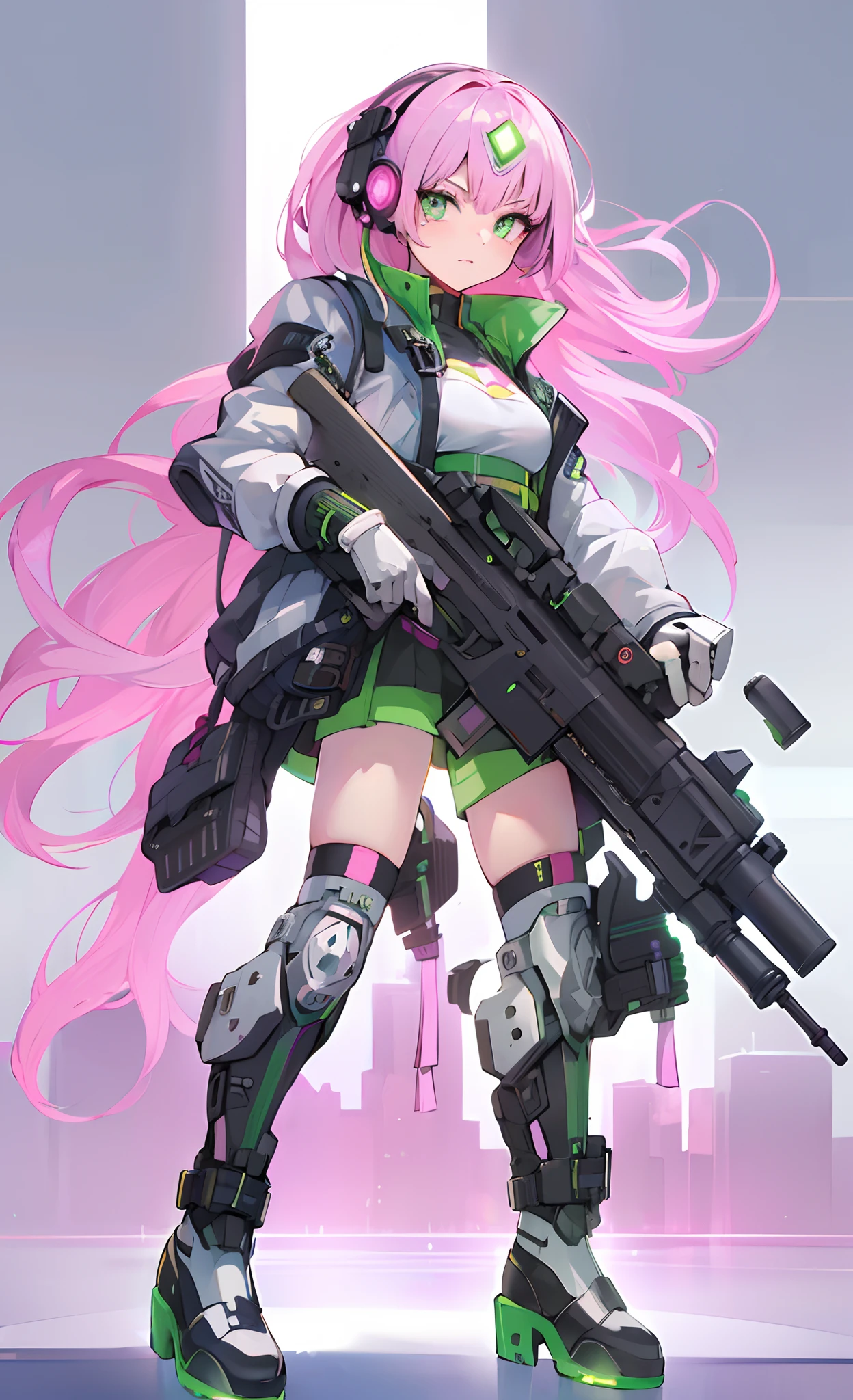 (masutepiece, Best Quality), (Perfect athlete body:1.2), (detailed hairs), Ultra-detailed, Anime style, Full-bodied cyberpunk magical girl, Gripping a high-tech rifle, Little finger hair, Glowing green eyes, Cute girl costumes, Cyber High Tech Boots, High resolution, Digital Painting, 8K High Resolution, trend artstation, White background, Whole body.