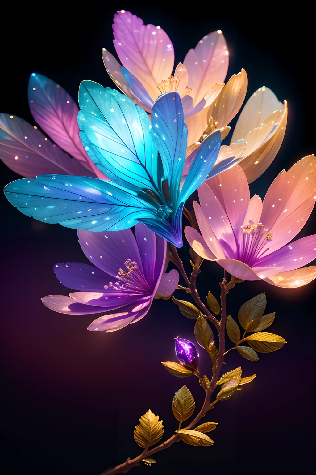 (brightest,high-resolution,8k,ultra-detailed,photorealistic:1.2),exquisite branch of lilac,translucent,Saint light,beautiful spectrum of light,luminous petals,sparkling,dark background,transparent droplets of light,reflective light,bright,light flowing in,optical,portraits of outlines,sharp focus,magical,intricate,surreal,fantasy,composition,light,artstation trends,pearlescent,silver mist guardian cloud,corroded enveloping ray family,Ureal AR 23v4 uplight