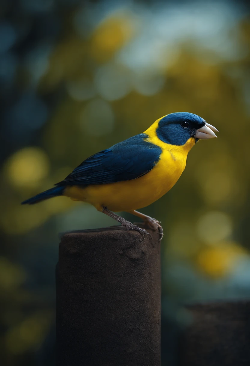 yellow dark blue canary bird full size background black, 8K Surreal, Realistic texture, Unreal Natural Lighting Engine, cinestill 800, (35mm Spring)