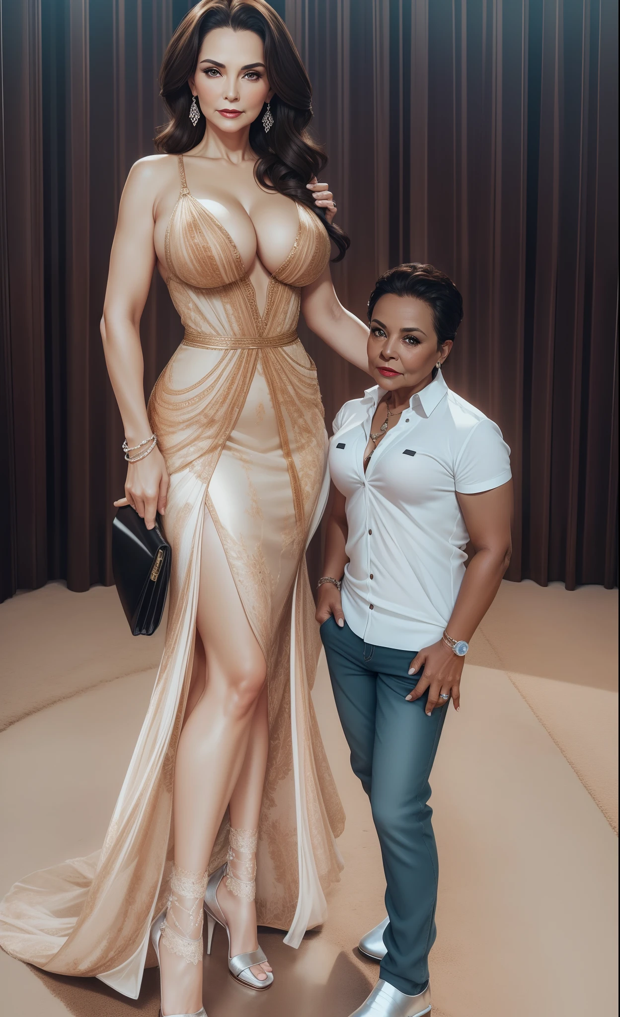 Portrait of a 60-year-old woman with short brown hair, a captivating gaze, Brown eyes, Wrinkles on her face, She wears a very sexy black evening dress that reveals big flabby breasts, Light makeup and red lips. 32K