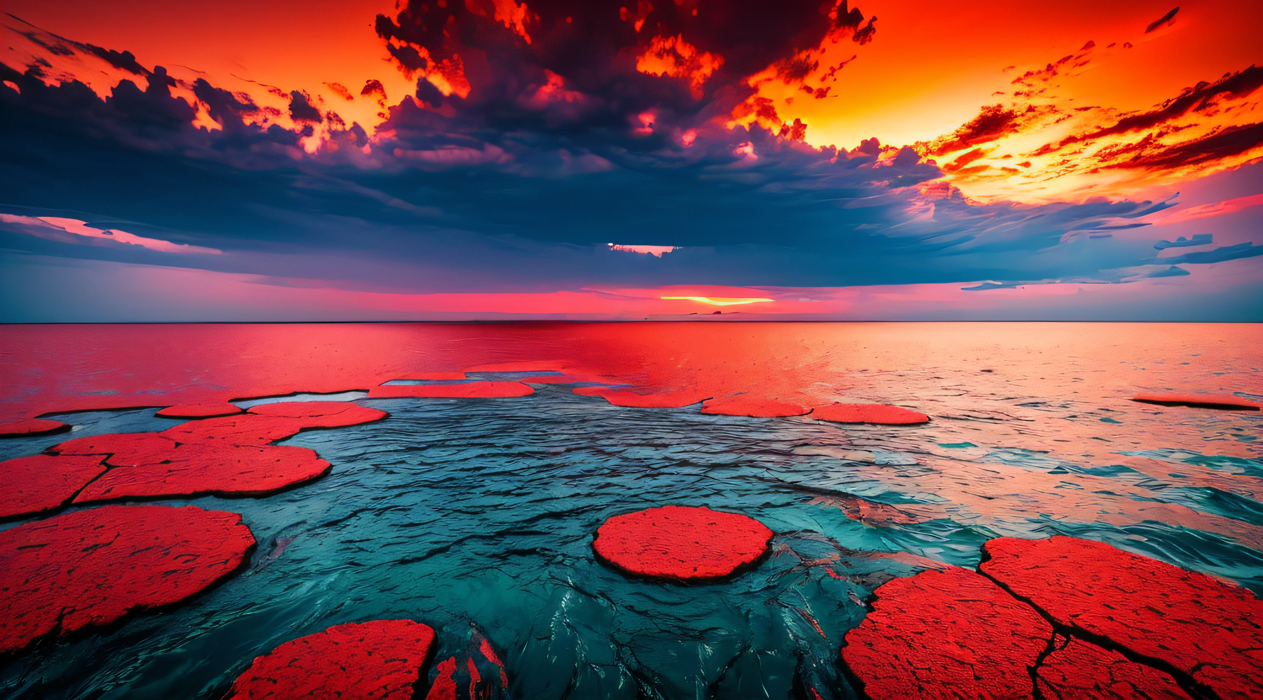The surface and the island of red water scenery. Sky with clouds. Bloody sunset background with copy space for design. War, apocalypse, armageddon, nightmare, halloween, evil, horror concept