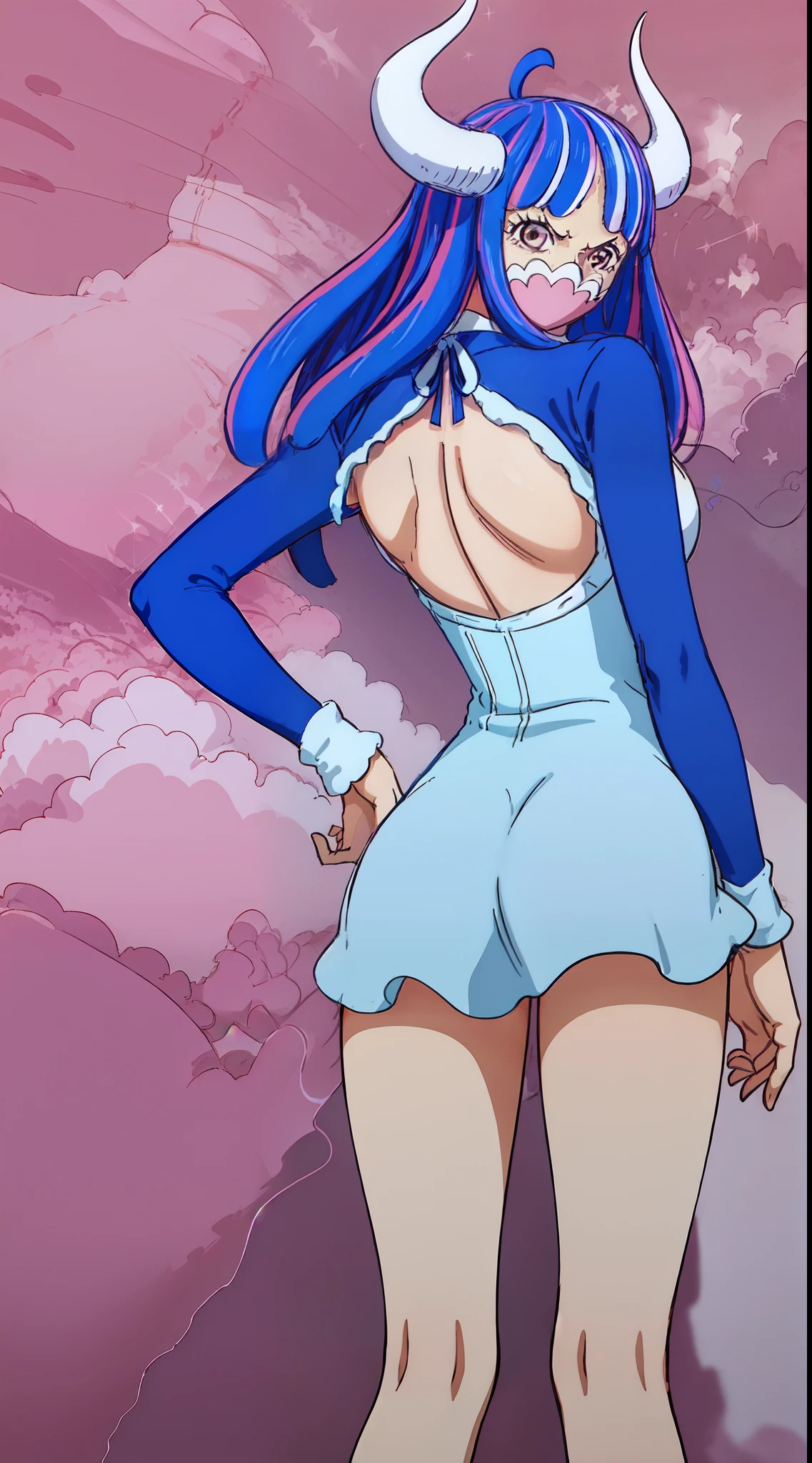 Ulti from one piece, blue hair, red eyes, pink mask, horns, wearing a long-sleeved minidress that is white and pleated above the waist, ends in a short skirt part that has a slightly ruffled hem, leaving most legs visible, red heels, booty, back view, hands on hip,