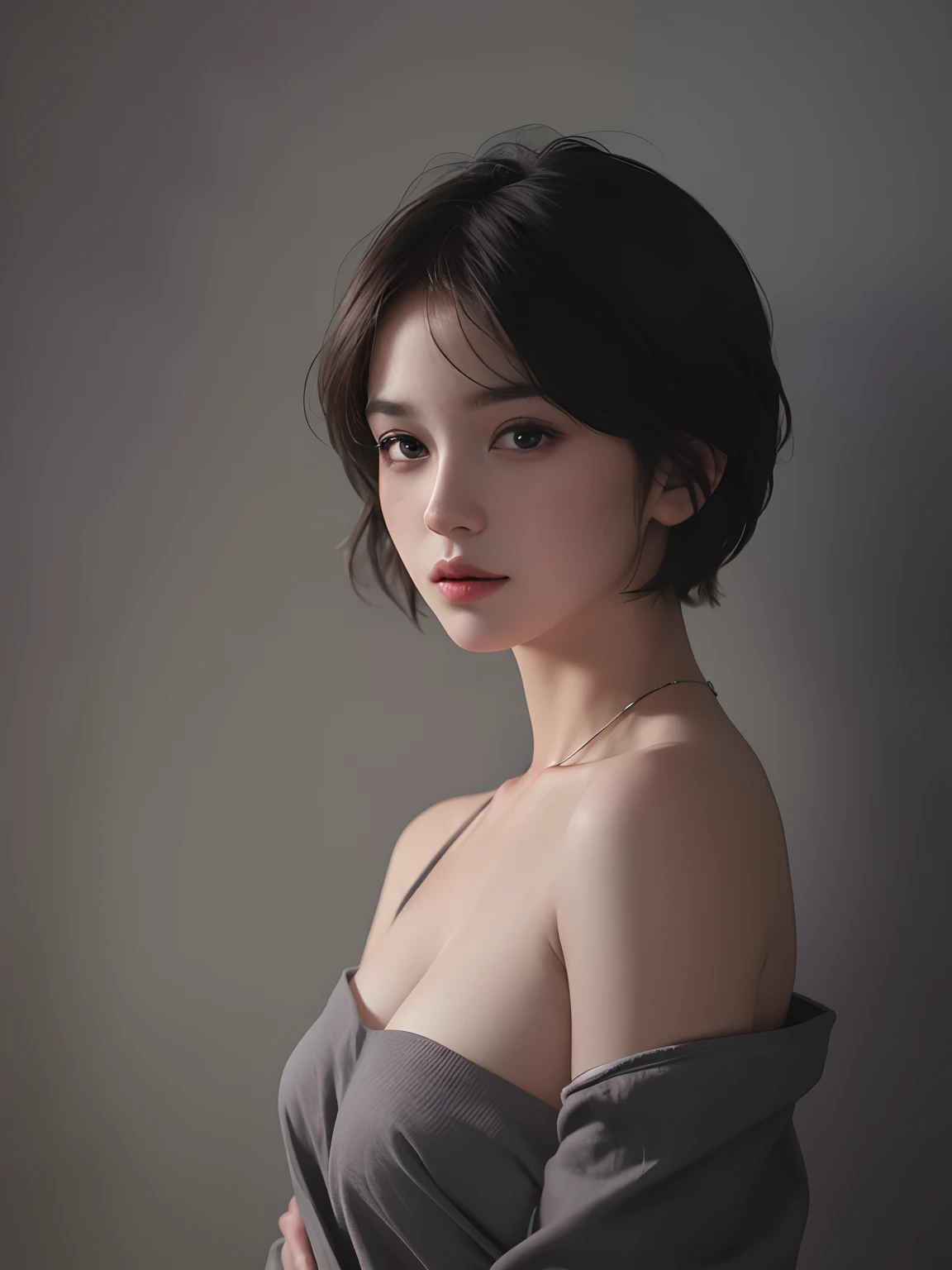 Best quality, masterpiece, ultra high res, (photorealistic:1.5), raw photo, 1girl, offshoulder, in the dark, deep shadow, low key, cold light, sexy look, short hair